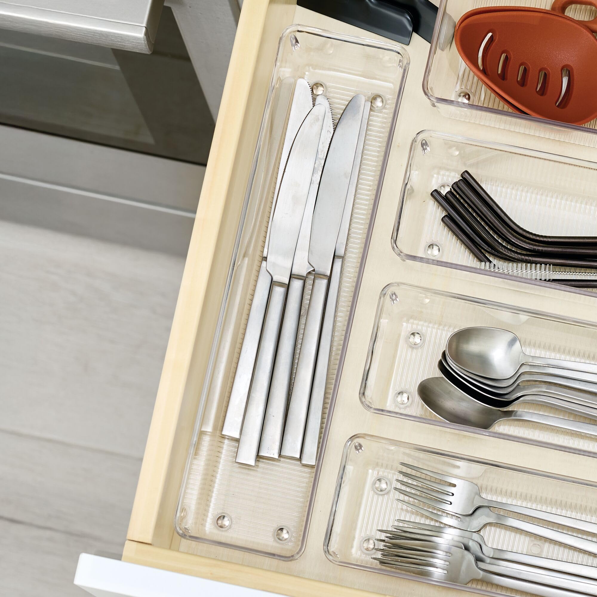 iDesign - Contenedores organizadores de cajones de plástico, almacenamiento para cocina, baño y cajones de escritorio, juego de 3, transparente