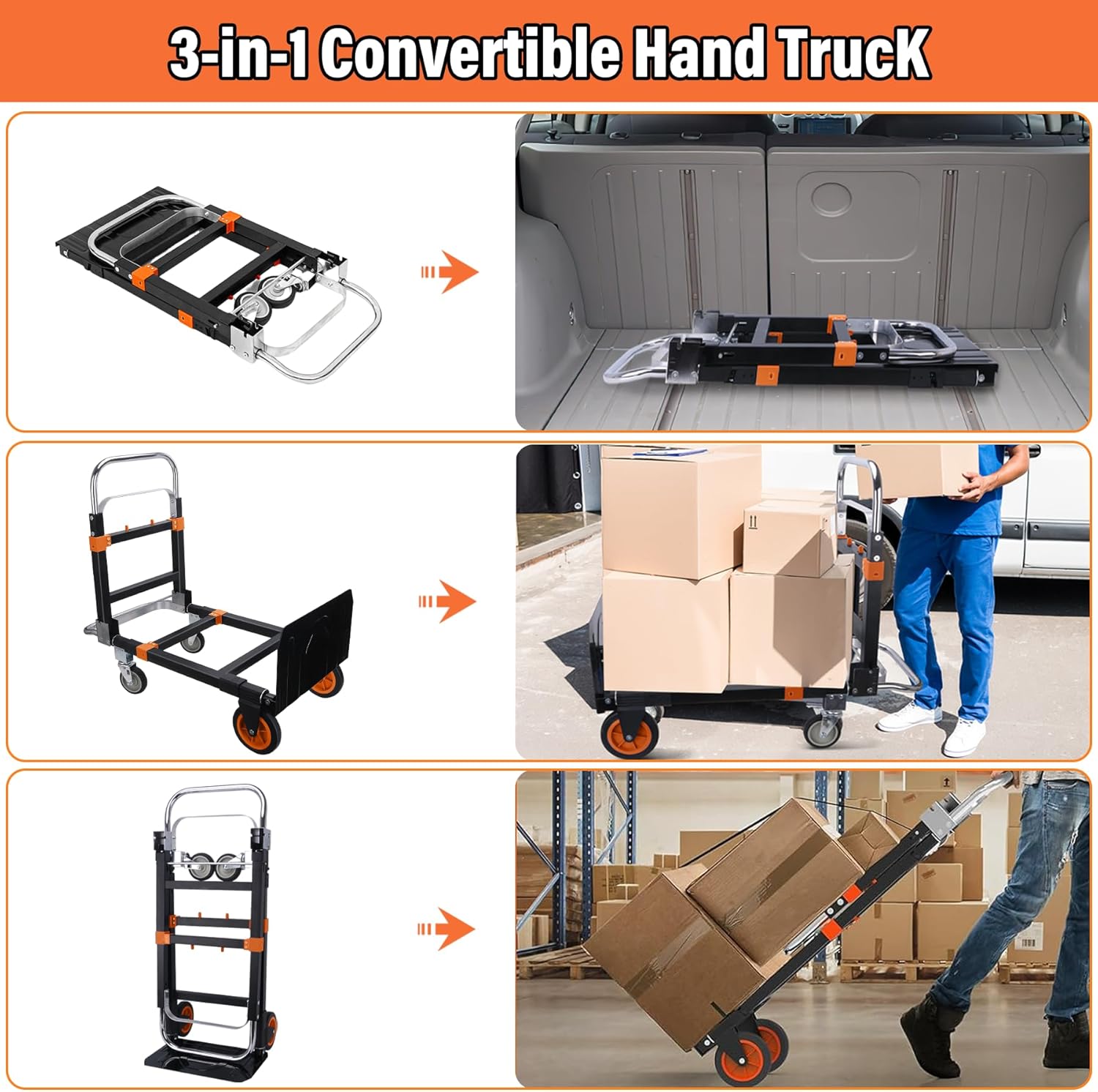 3 in 1 Folding Hand Truck, 600lbs Capacity, Heavy Duty Convertible Dolly Cart with Wheels, Collapsible Hand Truck Foldable with Telescopic Handle，Trolley for Moving Home, Office, Warehouse (Orange)