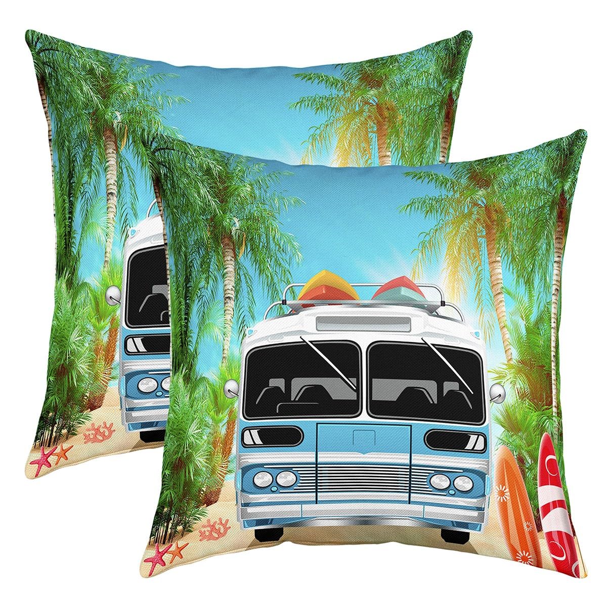 Summer Holiday Vacation Pillow Covers Set of 2 Camper Van Throw Pillowcases Tropical Leaves Pillow Cases Cushion Covers for Kids Boys Girls Microfiber Leaf Branches Cushion Cases 16x16 Inch