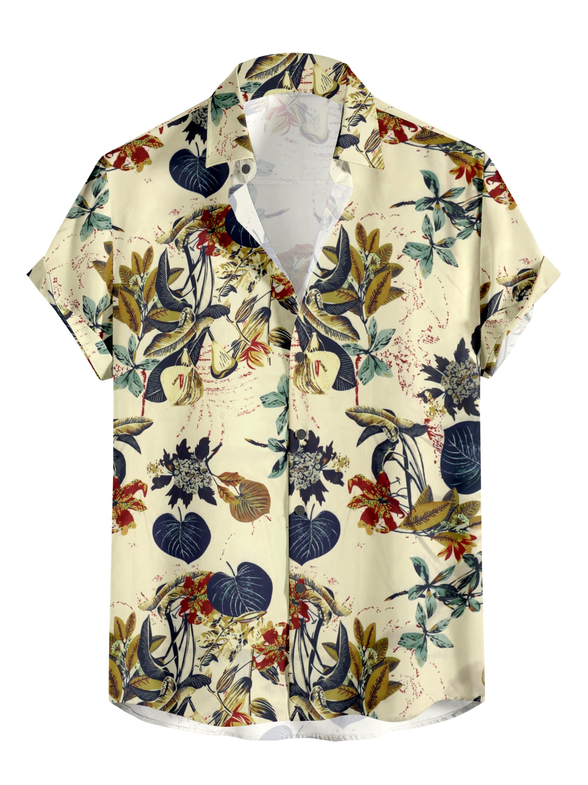 ngiva Hawaiian Floral Print Button Down Shirt, Short Sleeve, Tropical Leaf Pattern, Casual Beach Wear, Cream and Navy-picture-11