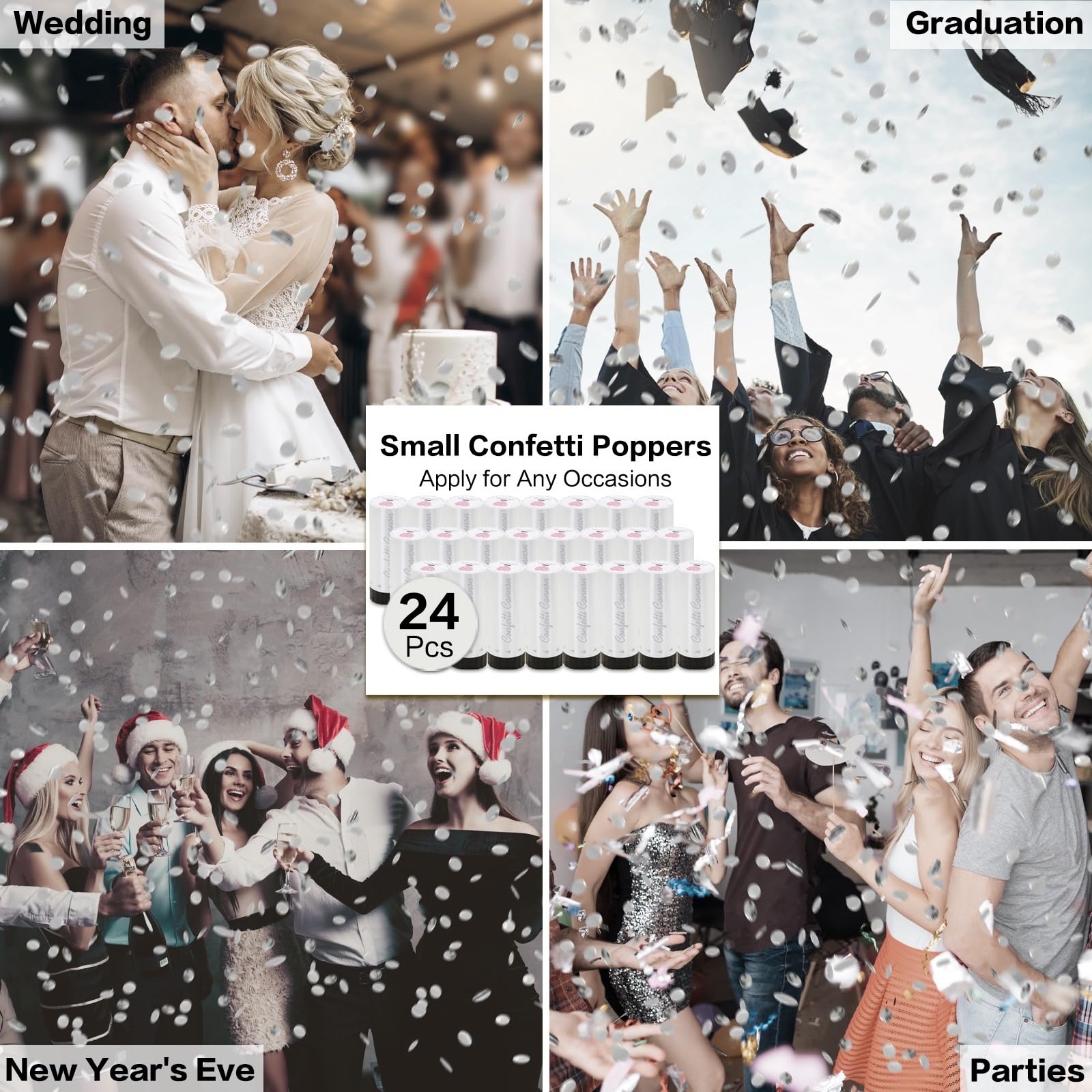 Konfettikanone 24 Stück kleine silberne Konfetti-Popper, ideal für Hochzeiten, Geburtstage, Abschlussfeiern, Babypartys, Silvesterpartys, lustige Party-Dekorationen