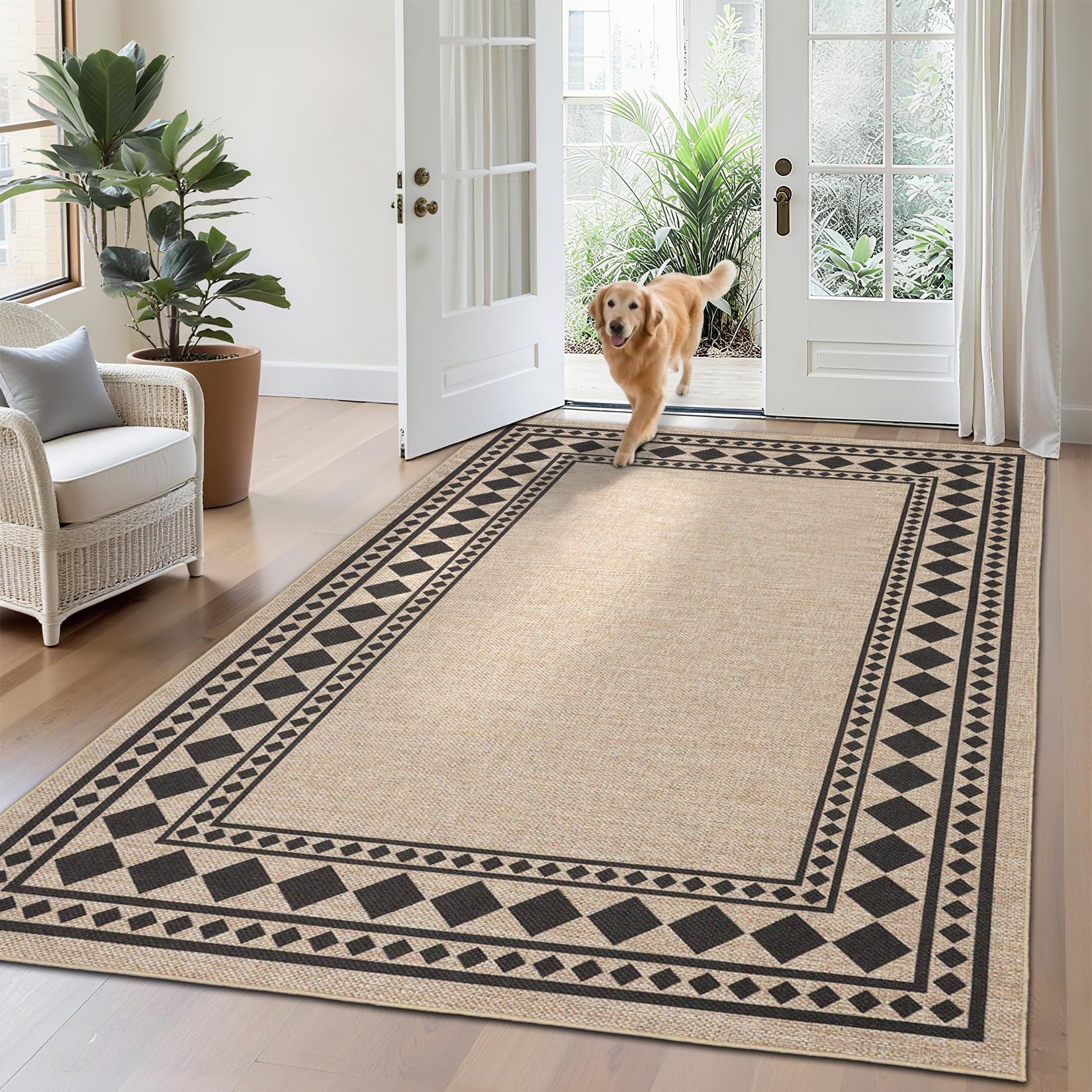 Garvee Bordered Easy Jute Rug 5x7 Modern Geometric Bedroom Carpet, Stain-Resistant Low Pile Floor Mats, Machine Washable Indoor Outdoor Rug for Living Room, Backyard, White Black