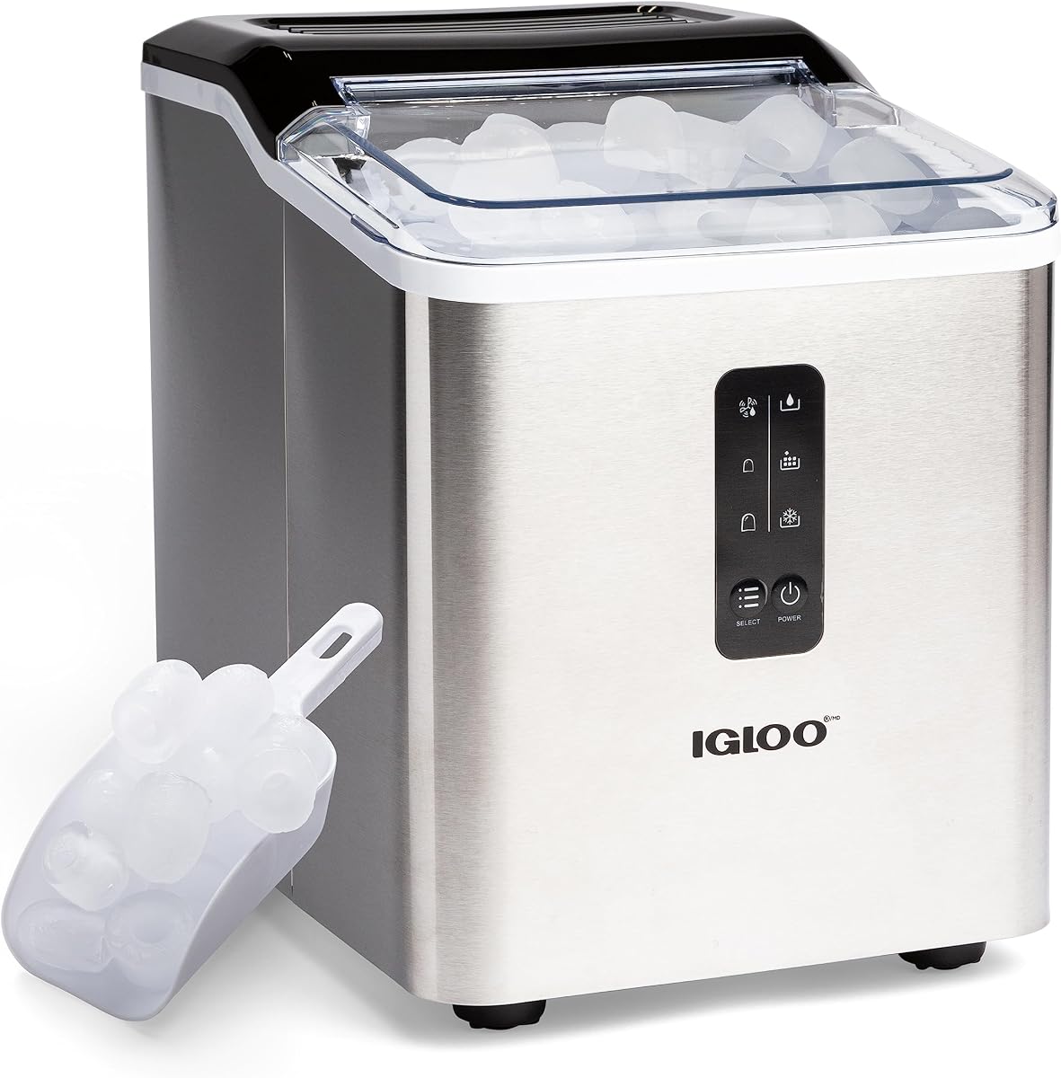 Máquina de hielo portátil Igloo con cuchara - Máquina de hielo con panel de control LED y tanque de agua de 1.5 cuartos - Máquina para hacer cubitos de hielo de acero inoxidable que produce 26 libras. de Hielo en 24 Horas con 9 Cubitos Grandes o Pequeños en 7 Minutos