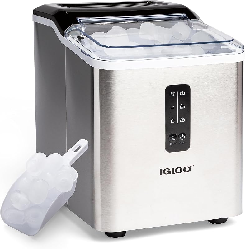 Máquina de hielo portátil Igloo con cuchara - Máquina de hielo con panel de control LED y tanque de agua de 1.5 cuartos - Máquina para hacer cubitos de hielo de acero inoxidable que produce 26 libras. de Hielo en 24 Horas con 9 Cubitos Grandes o Pequeños en 7 Minutos