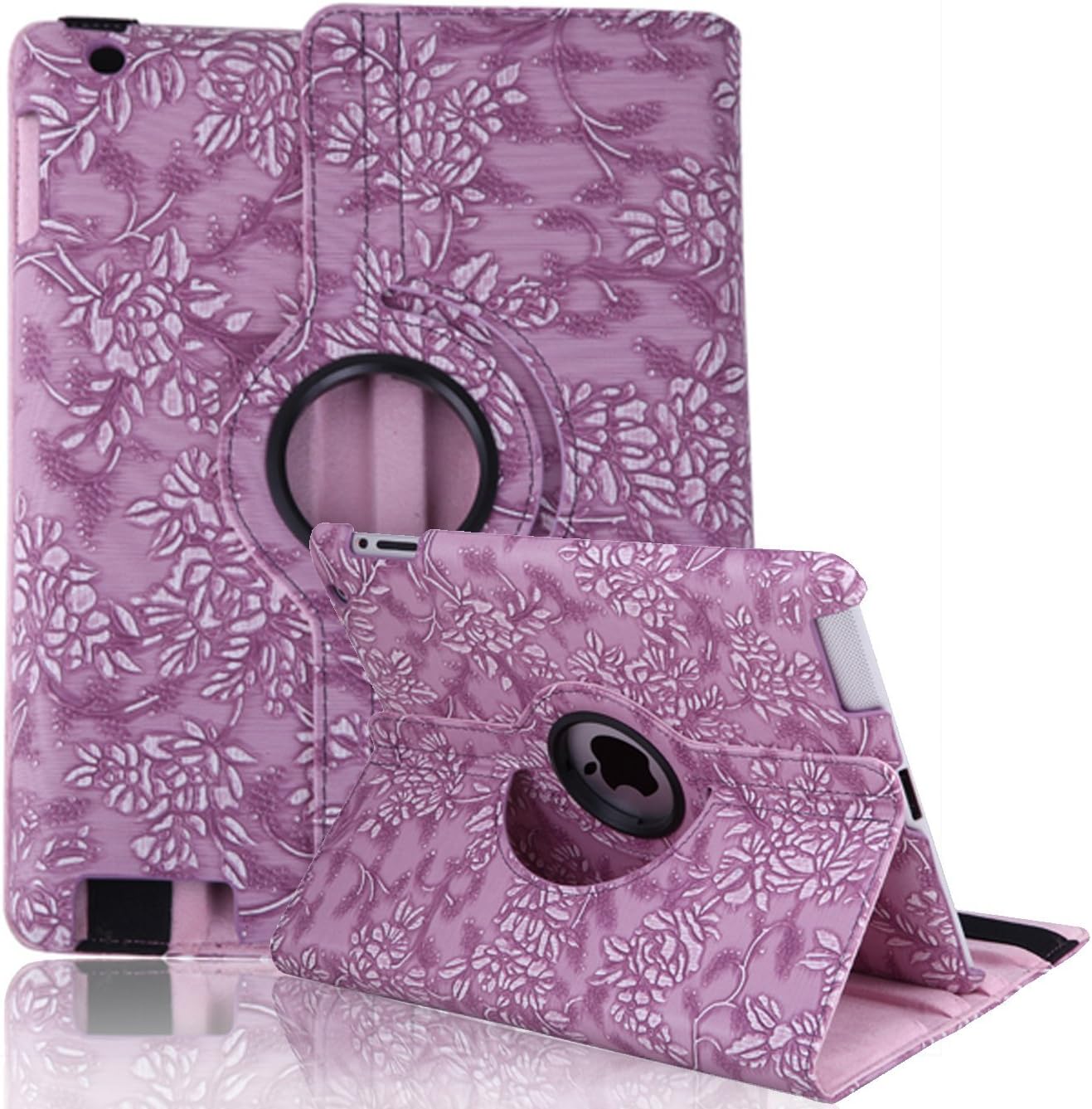 HDE Rotating iPad Case Magnetic Folding Leather Cover Folio Flip Stand for Apple iPad 2 iPad 3 iPad 4 (Purple Embossed)
