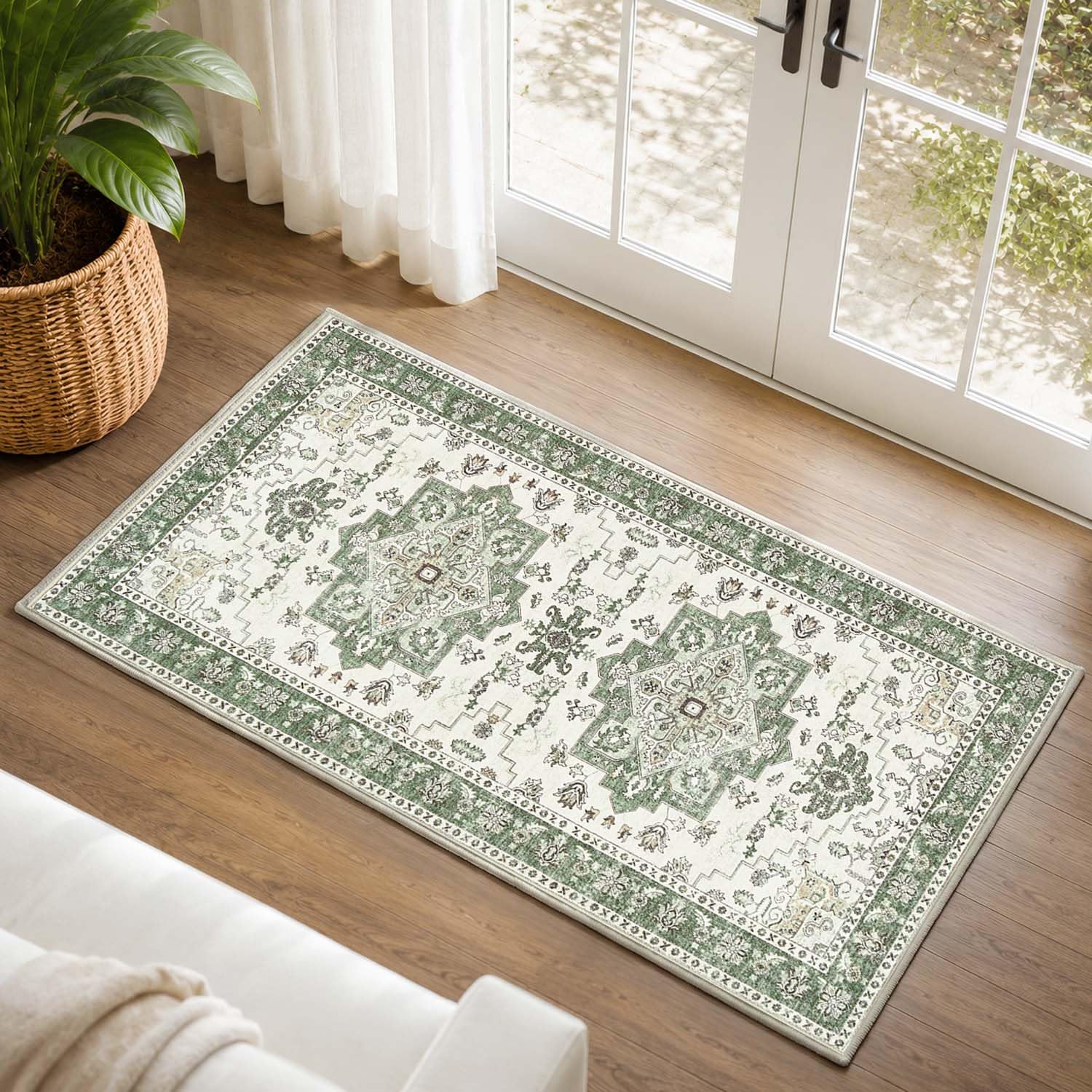 TOPICK Washable Runner Rugs 60x110, Green Short Pile Vintage Door Mat