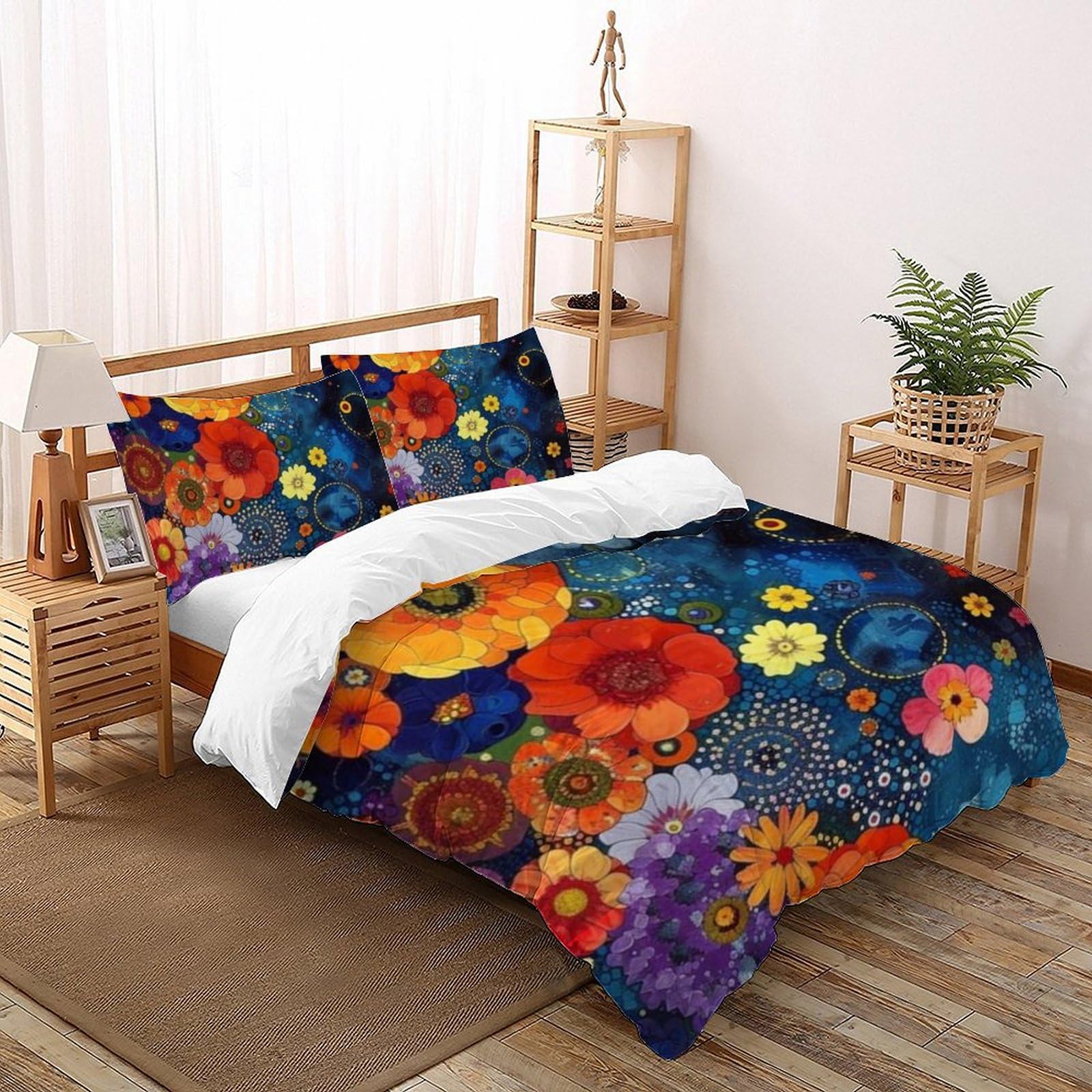 Housse de couette double 200x200 en microfibre à fleurs colorées et plantes avec zip