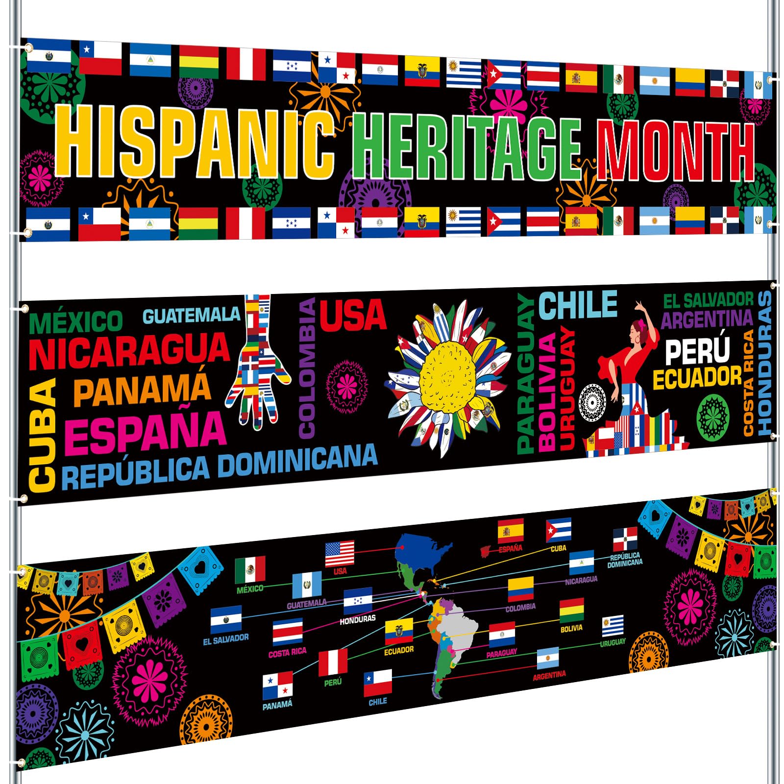 Remagr 3 Pcs Hispanic Heritage Month Banner Decorations, 98 x 18 Inch