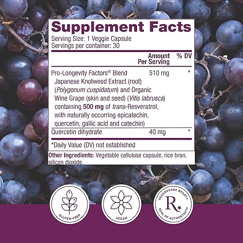 Vista 10 de Reserveage Beauty, Resveratrol 500 mg, suplemento antioxidante para la salud cardíaca y celular, apoya el envejecimiento saludable y el sistema