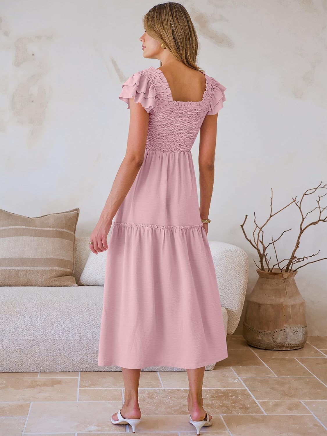 Caracilia Womens Summer Maxi Dress 2026 Casual Ruffle Short Sleeve Square Neck Smocked Flowy Sundress Beach Vacation Clothes - Image 5