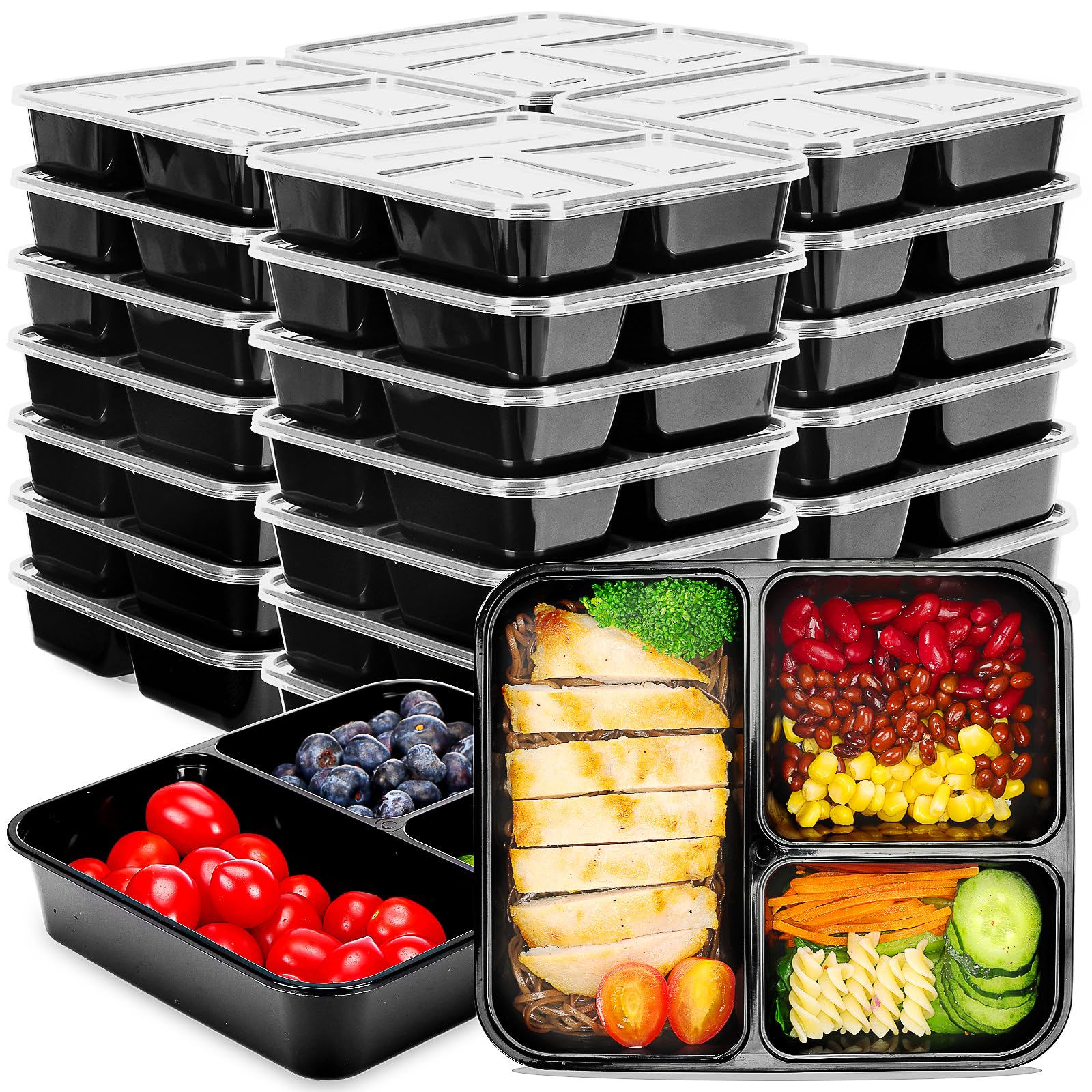 Moretoes 30 Pack Meal Prep Containers Reusable 24oz, 3 Compartment Meal Prep Containers, Reusable Food Prep Containers, BPA-Free, Microwave/Dishwasher/Freezer Safe