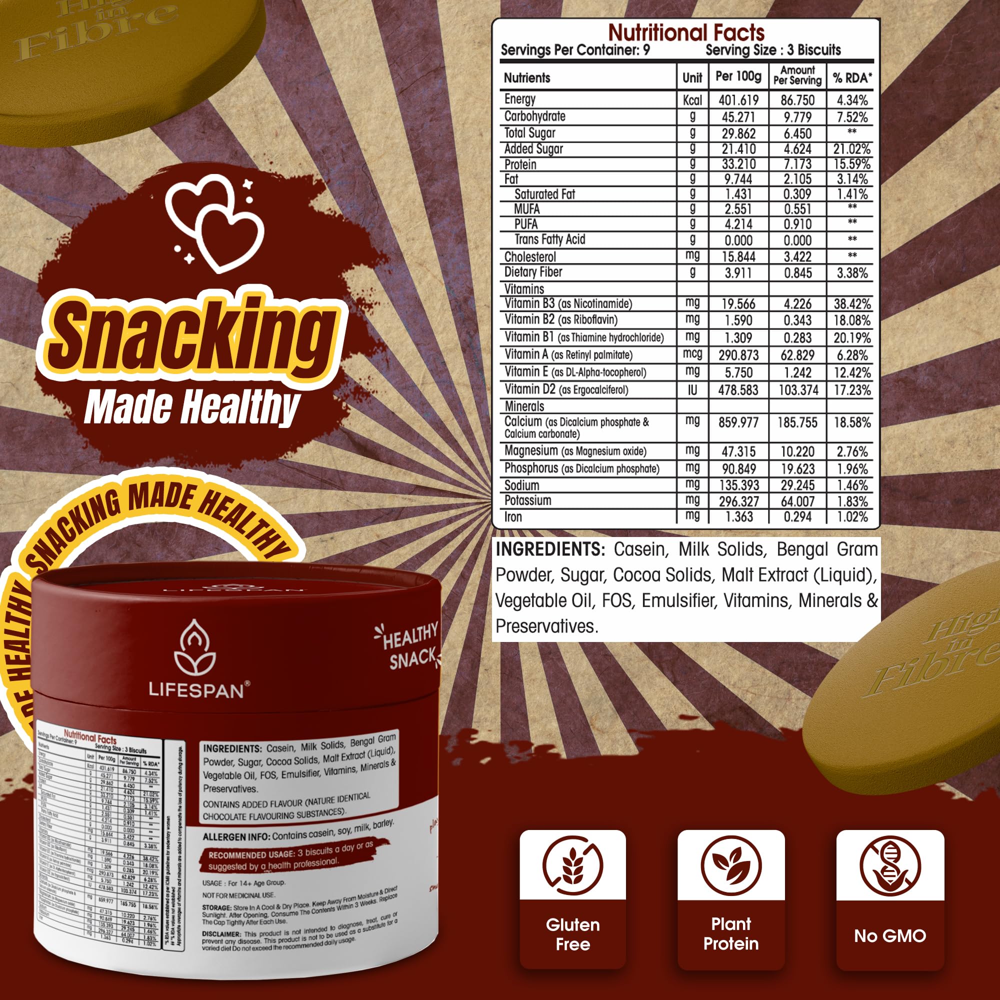 Lifespan Protein Diskettes, High Protein Biscuits with Calcium, Vitamin D, Vitamin B Complex, 100% Vegetarian, No Maida Biscuits without Refined Sugar, Protein Diskettes for 13+ and Adults, Daily Use (200g) — Amazon image 5