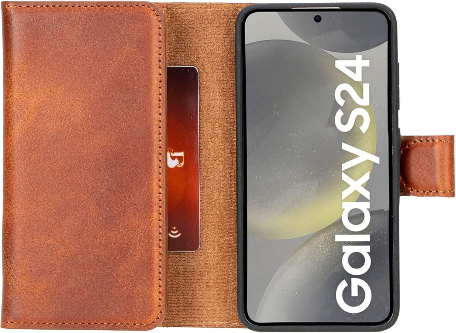Bayelon Genuine Leather Wallet Case Compatible with Galaxy S24 Ultra, Tri-fold Flip Cover with Card Holder and RFID Protection (Vintage Brown)