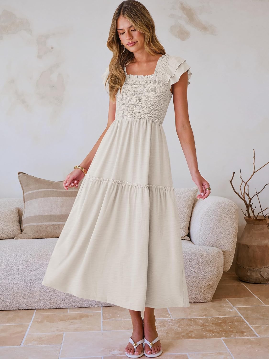 Caracilia Womens Summer Maxi Dress 2026 Casual Ruffle Short Sleeve Square Neck Smocked Flowy Sundress Beach Vacation Clothes - Image 3