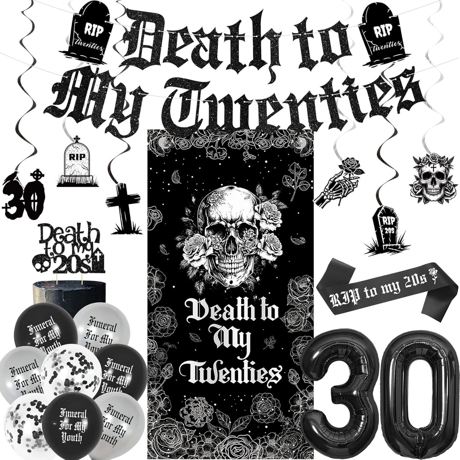 Vlipoeasn Gothic 30th Birthday Decorations Death to My 20s for Her or Him | Death to My Twenties Door Banner, Glitter Banner, Sash, Cake Topper & Balloons, Dirty 30 Years Old Birthday Party Supplies
