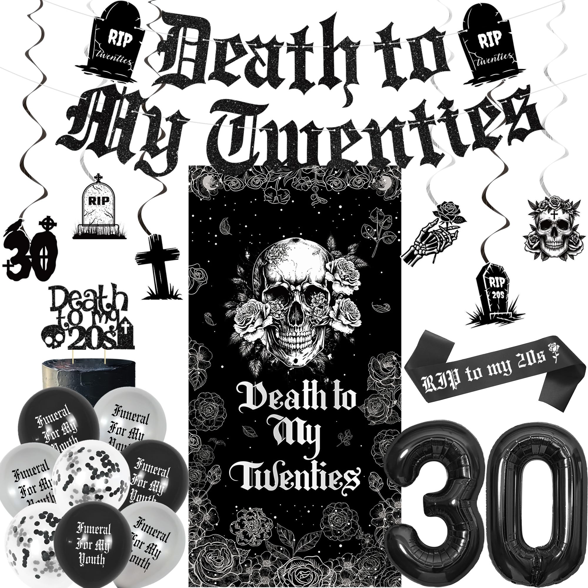 Vlipoeasn Gothic 30th Birthday Decorations Death to My 20s(Black White)