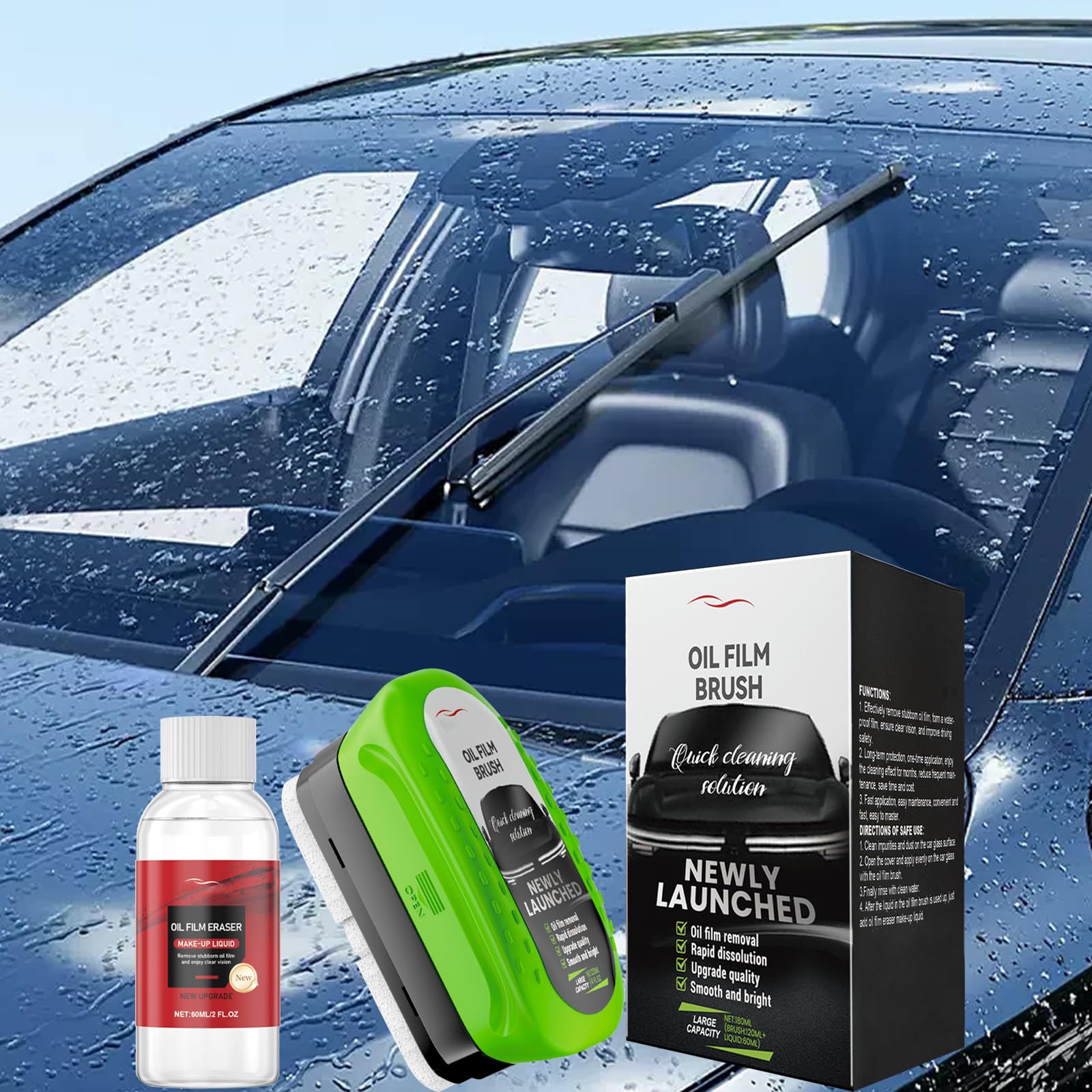 Nettoyant Vitre Voiture, Éliminateur de Film d'Huile Pare-Brise 120ml avec Brosse & Flacons de Recharge 60ml, Nettoyant Pare-Brise Voiture, Vision Claire Sans Traces
