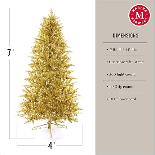 Miniatura 2 de MARTHA STEWART Árbol de Navidad artificial preiluminado de oropel, 7 pies, dorado