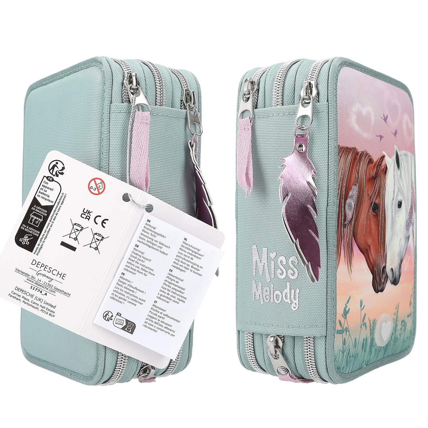 Depesche 11774 Miss Melody - Gefüllte 3-Fach Federtasche mit Pferde-Motiv und LED-Herzen, Salbeigrüne Federmappe mit Buntstiften, Lineal, Schere uvm.