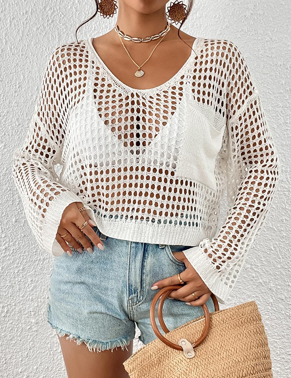 Bsubseach Womens Crochet Crop Top Beach Swimsuit Cover Up Long Sleeve Hollow Out Bathing Suit Cover Ups - Image 3