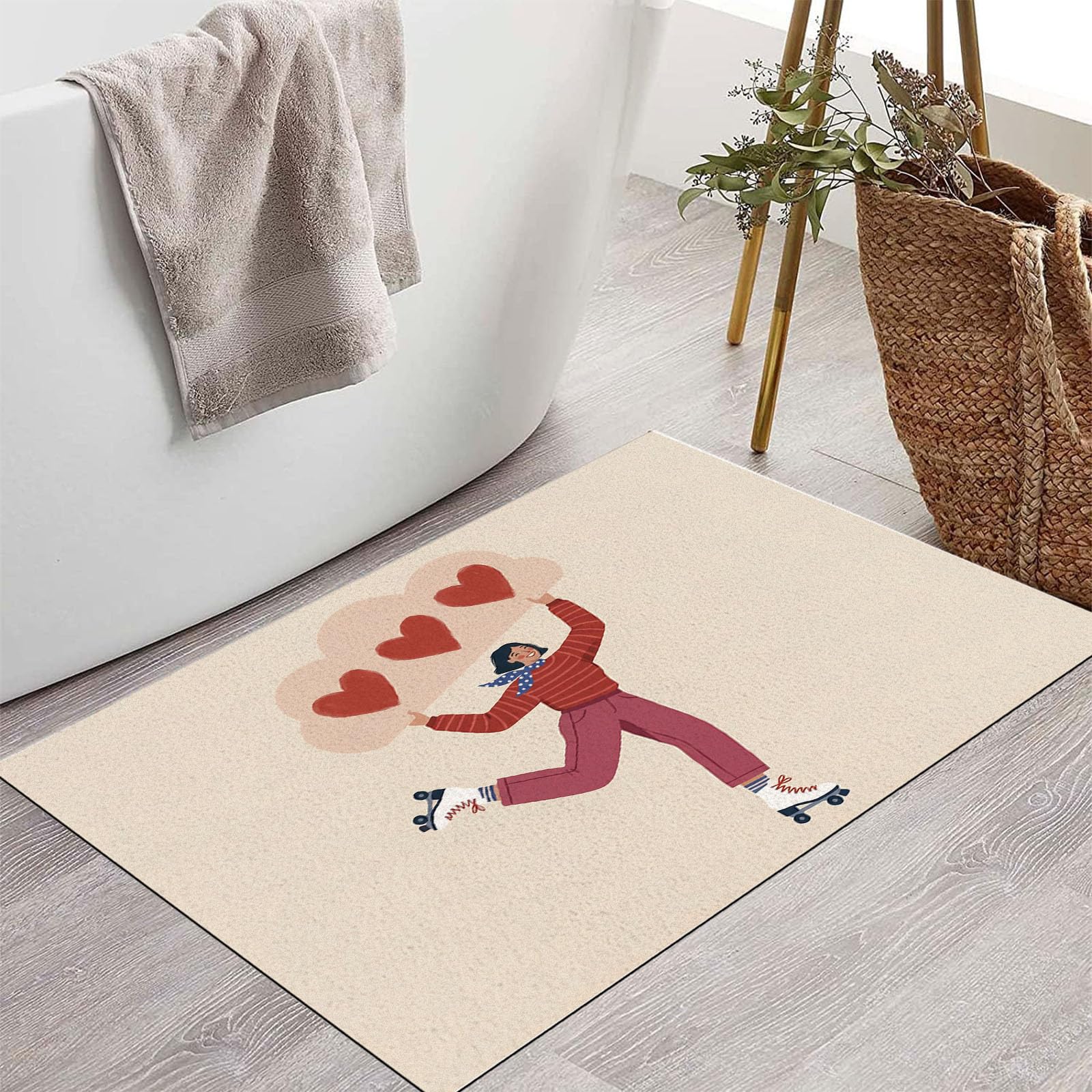 90X150Cm Zerbino Ingresso Interno Antiscivolo Assorbente, Tappeto In Microfibra Sottile Lavabile Con Ragazza Carina Pattini Rotelle Semplice Cuore Geometrico Per Cucina Bagno Porta E Animali, Beige
