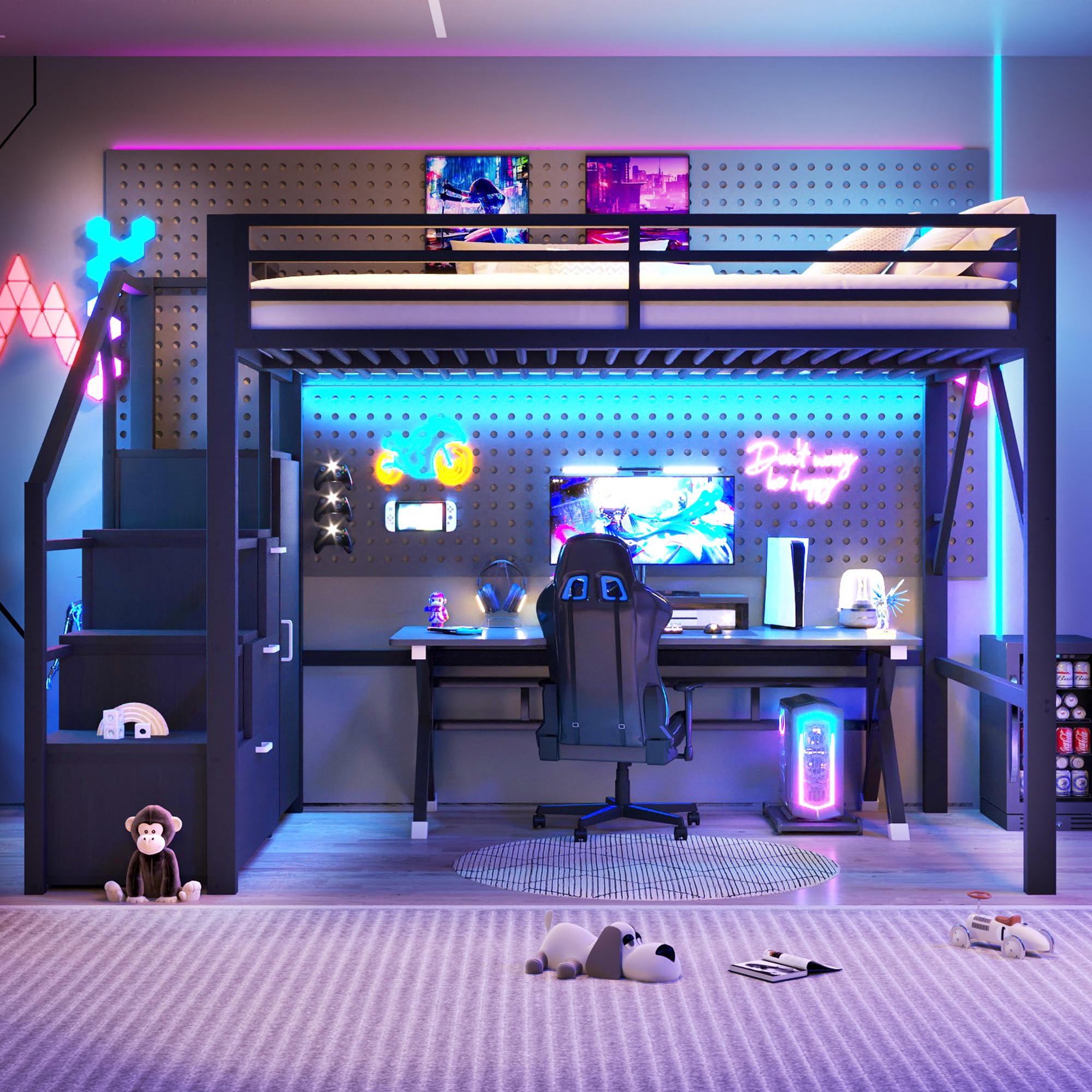BTM Metall Gaming Hochbett 140x200 mit Kleiderschrank & LED Beleuchtung Hochbett Jugendliche mit Stauraum Treppe, Schwarz