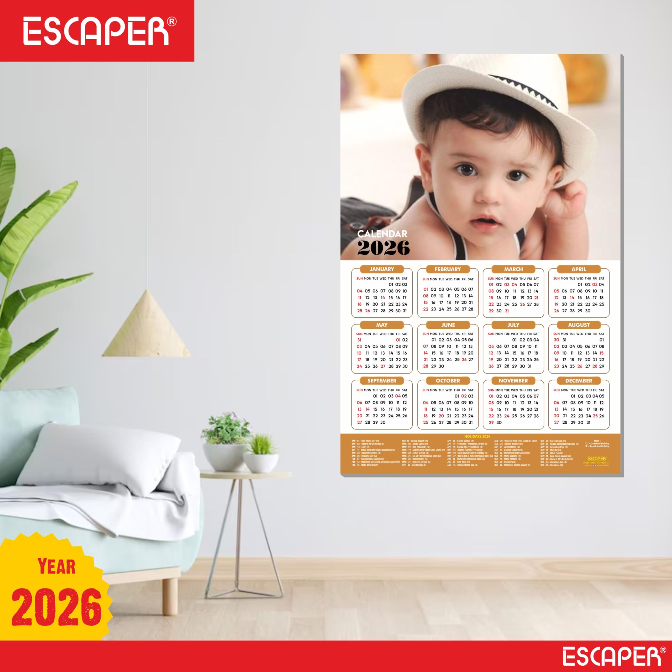 ESCAPER Bonito calendario de pared para bebé 2025 para mujeres embarazadas (45 x 30 cm), fotos de bebé colgando, calendario de pared para bebé 2025 para habitación de mujeres embarazadas, fotos de