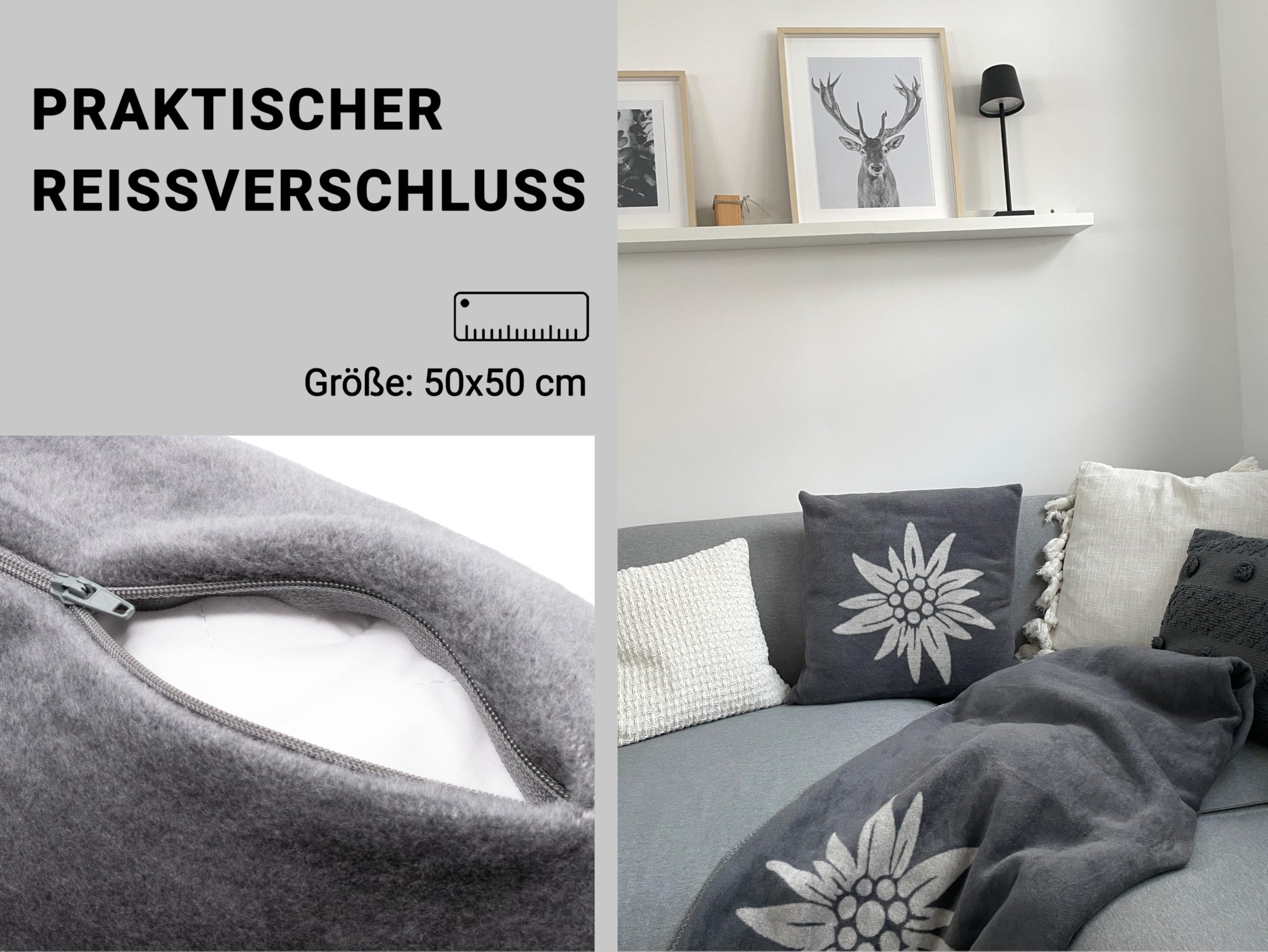 ZOLLNER 2er Set Kopfkissenbezug mit Edelweißmotiv inkl. 2er Set Dekokissen 60% Baumwolle, 40% Polyacryl, Grau