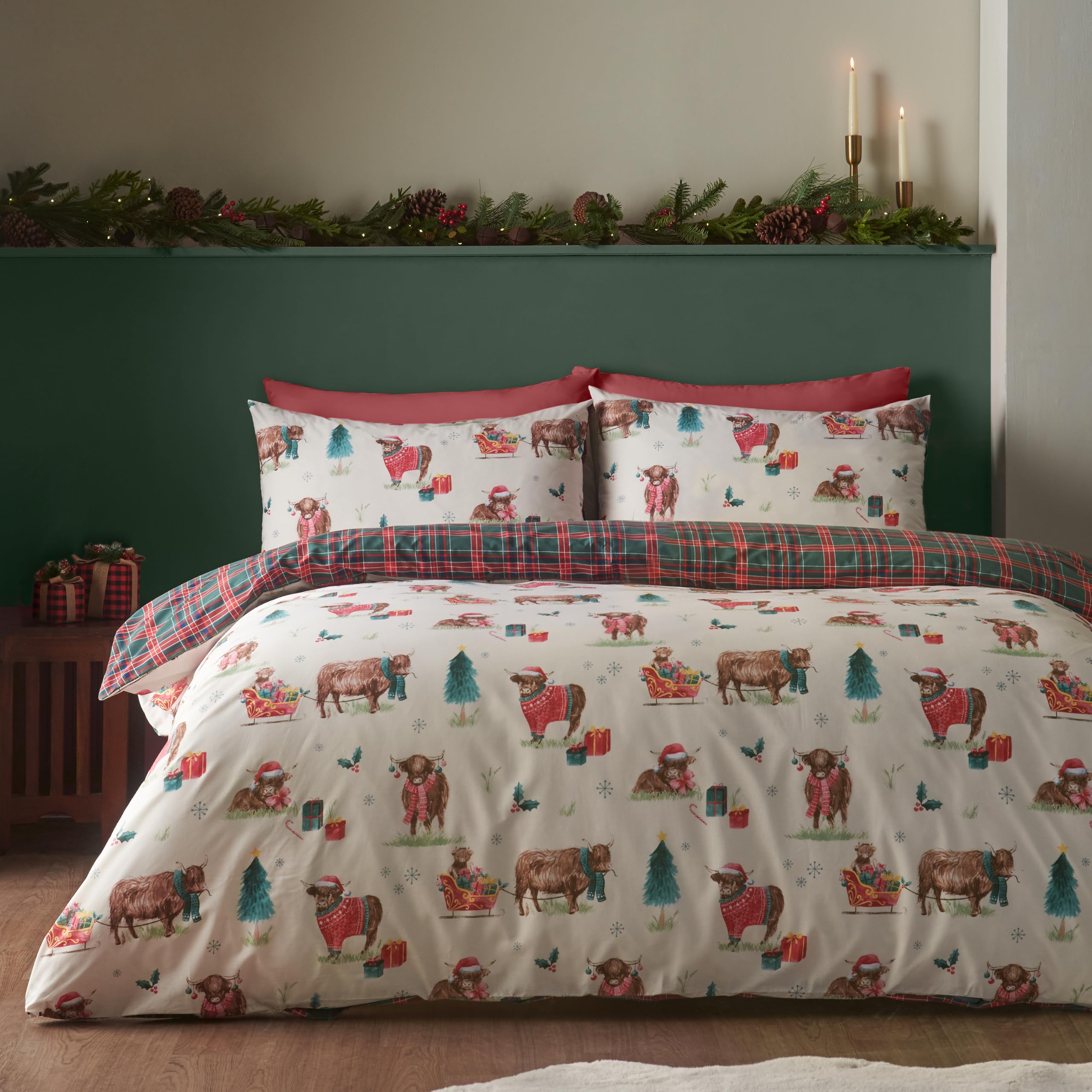 Catherine Lansfield Christmas Highland Cow Double Duvet Cover Set Natural