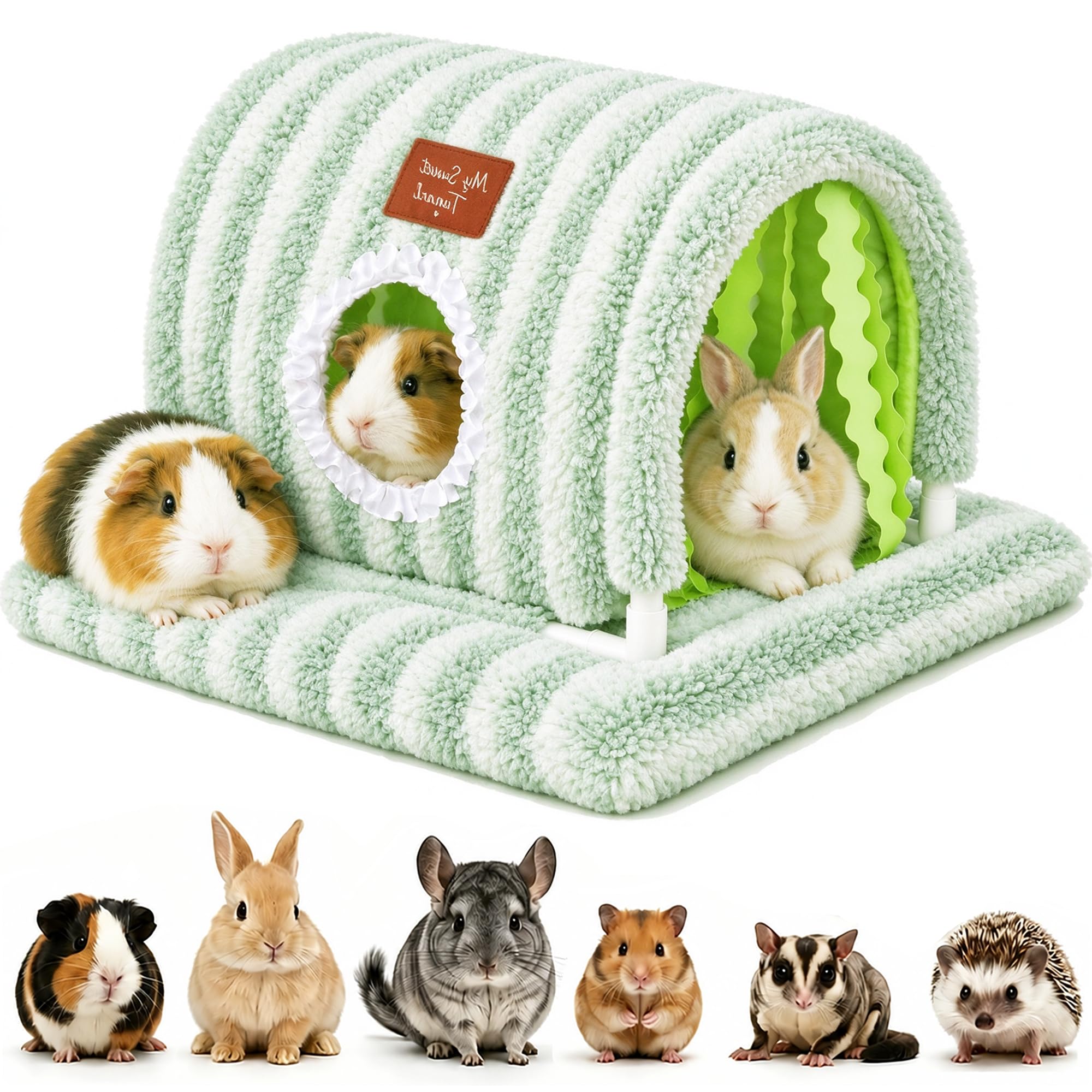 BShasrlim Guinea Pig Hideout Tunnel - Stable Washable Small Animal Tunnel Hide with Curtains,Guinea Pig Accessories for Hamster/Chinchilla/Dwarf Rabbit/Ferret (Green Tunnel+Bed, Large)