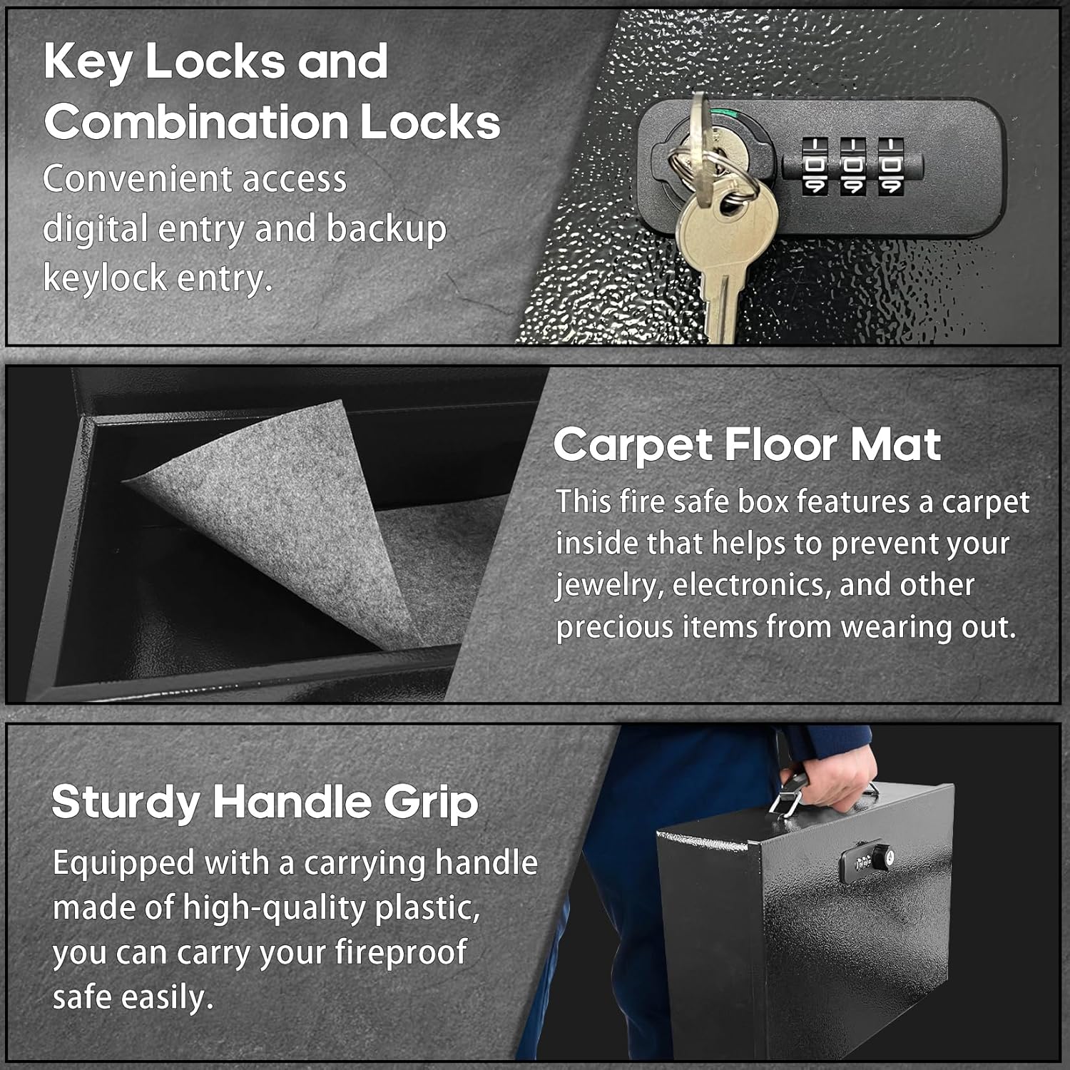 YIYITOOLS Fireproof Lock Box for Documents, Fire Resistant Safe Fire Safe Box with Dual Combination and Key Lock Document Box with Carrying Handle for Personal Items Jewelry Money, Black