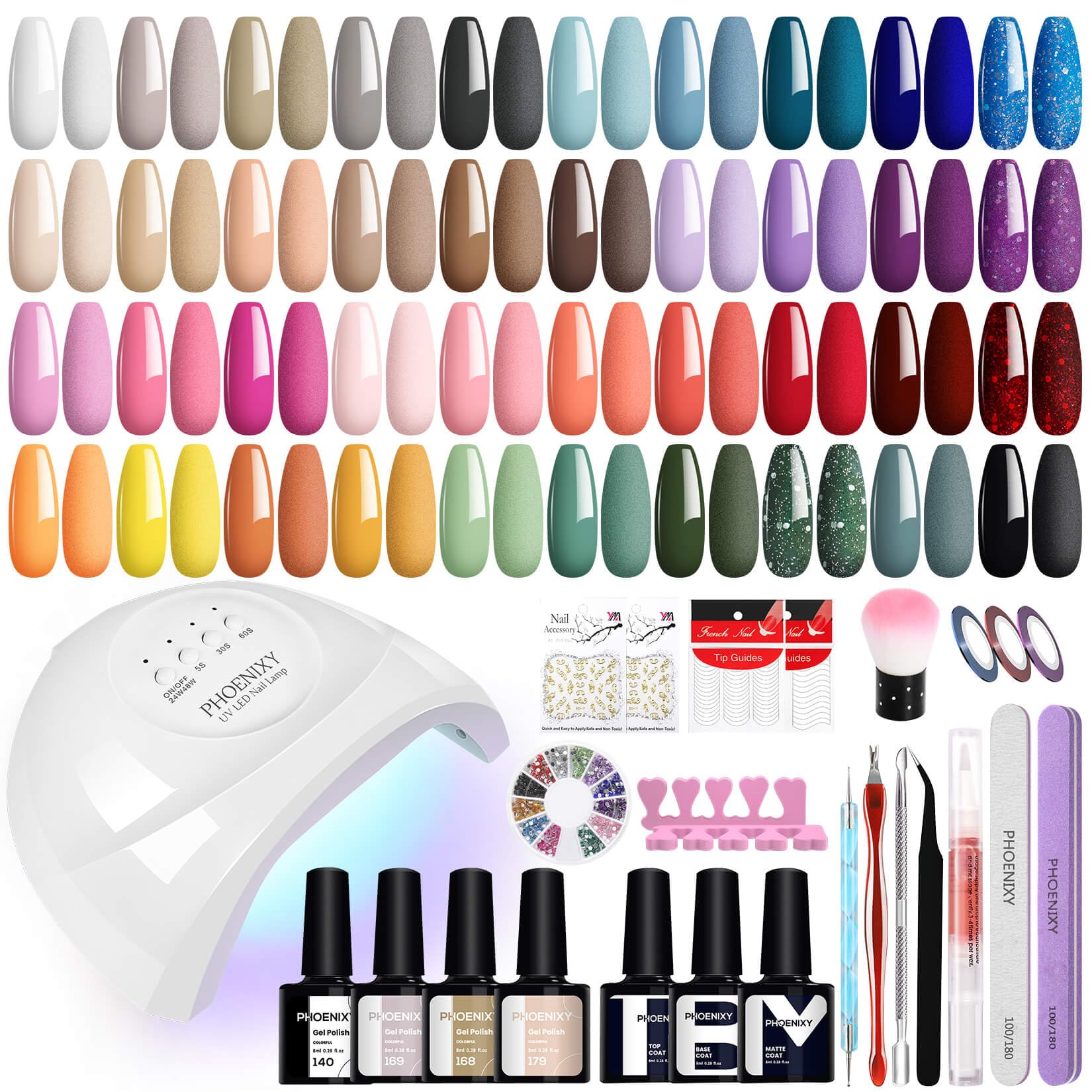 Kit Uñas Semipermanentes Phoenixy 40 Colores Esmalte Semipermanente con Lámpara 48W U V/LED Uñas Semipermanentes Kit Completo con Accesorios