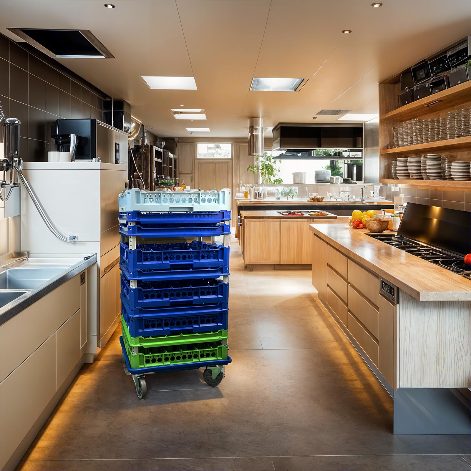Sicignano | Carrello 4 Ruote Porta Cestelli per Lavastoviglie Industriale, 50x50 cm, con Vasca Salva-Goccia e Freno, Portata 140 kg, Polipropilene alimentare, Made in Italy
