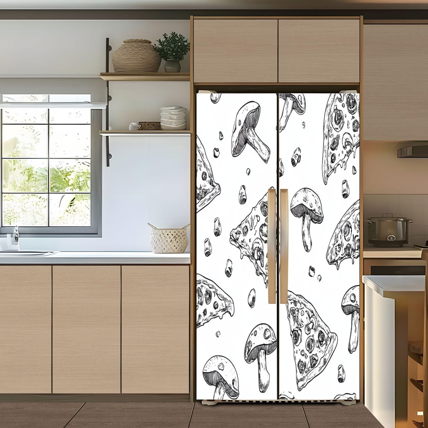 Self Adhesive Vinyl Refrigerator Wrap Set Seamless Pizza Slice Pattern Hand Drawn Pizza Great for menu Door Mural Removable Fridge Sticker Peel and Stick Decal Rustic Kitchen Decor