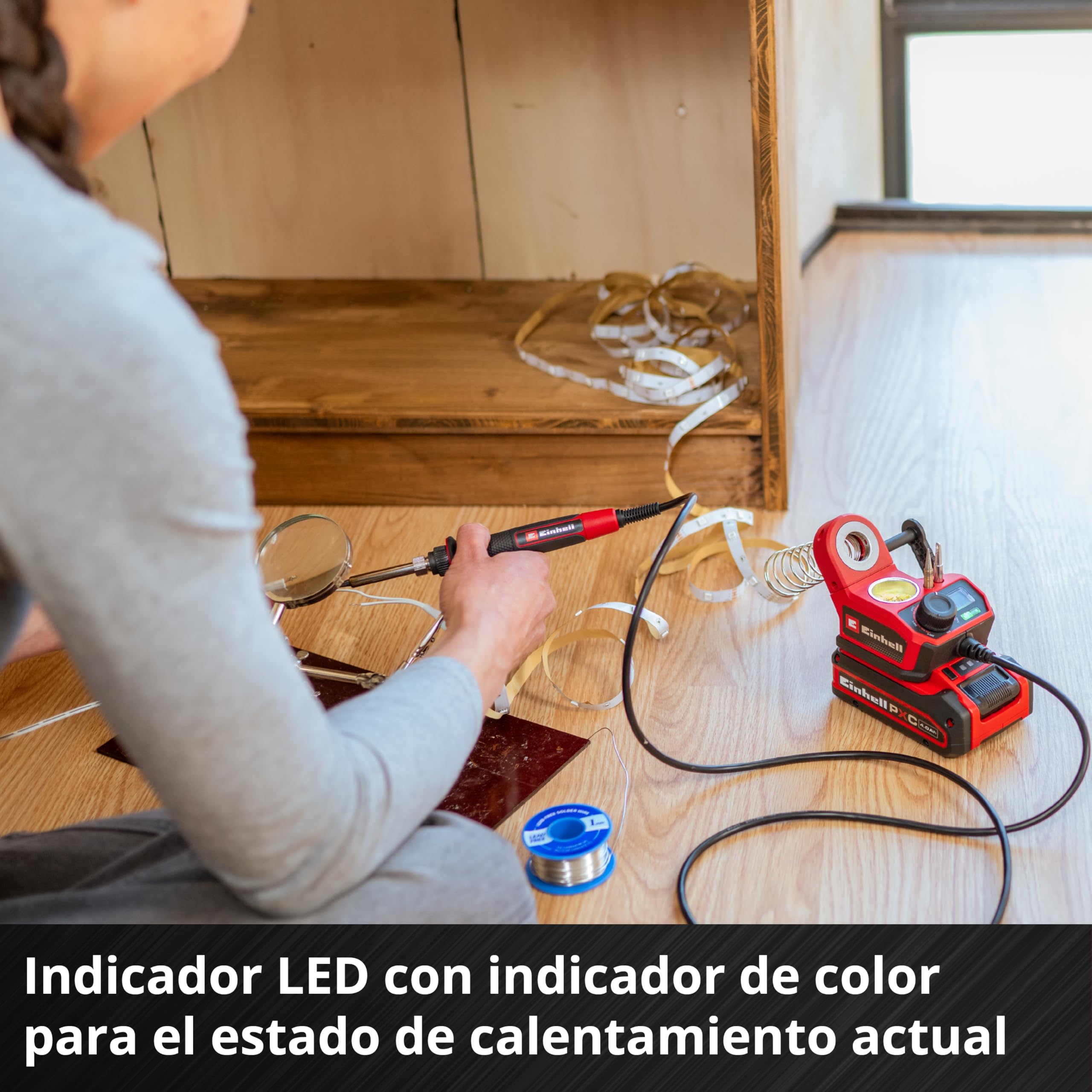 Einhell soldador con batería TE-SI 18/480 Li E - Solo Power X-Change (18 V, 200 °C - 480 °C, para soldadura blanda, pantalla LCD, incl. 2 puntas puntuales, 1 punta plana y estaño de soldadura)