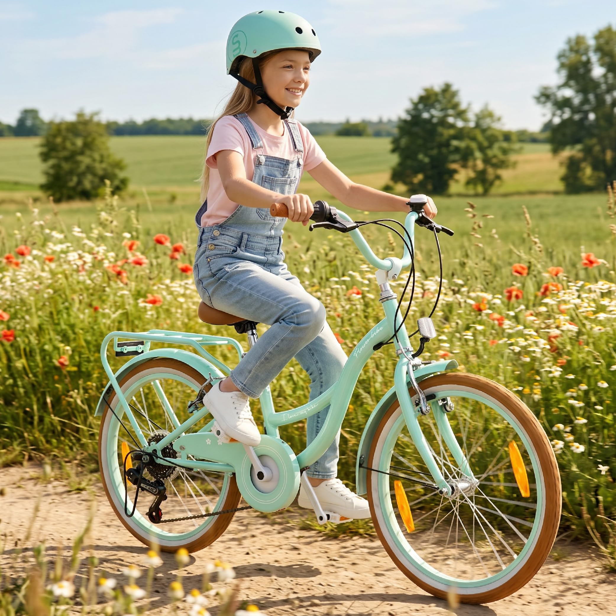 SUN BABY FLOWER BIKE RETRO Rower dziecięcy dla dziewczynki | Stalowa rama, hamulce V-Brake, błotniki, osłona łańcucha, odblaski, dzwonek i regulowana wysokość