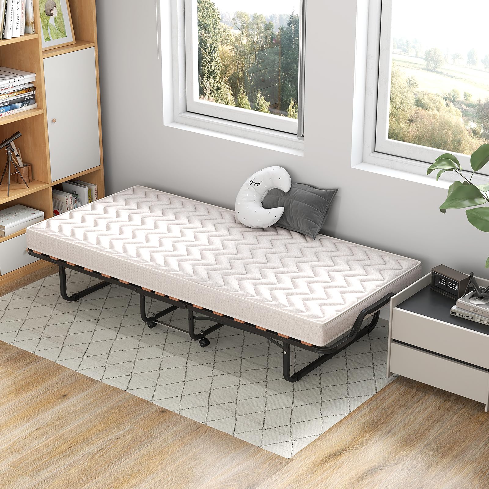 GIANTEX Letto Pieghevole 90x200 cm con Memory Foam, Lettino Pieghevole per Gli Ospiti con 4 Ruote, Sgabello e Bracci, Letto da Viaggio per Adulti, Doppia Sedia a Doghe, Nero e Beige, Made in Italy