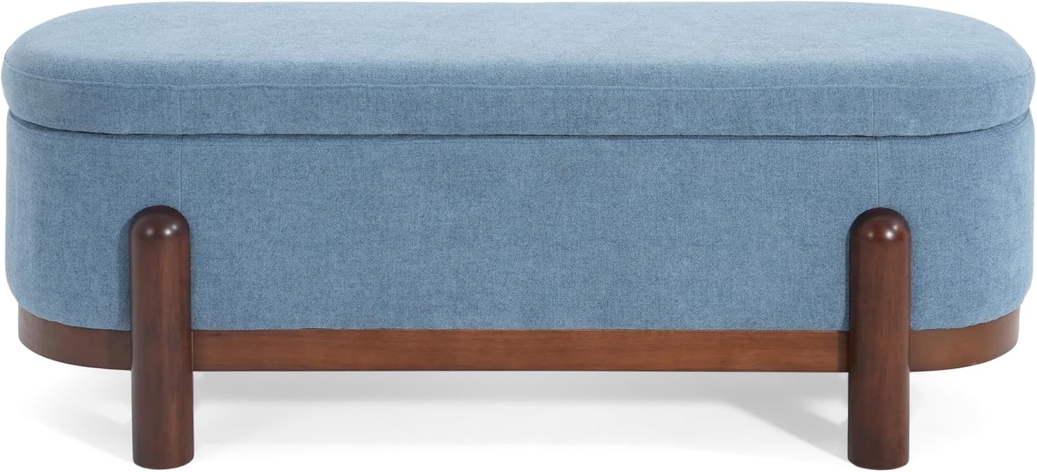 Christopher Knight Home Daggy Upholstered Ottoman with Storage for Living Room, Fabric Modern Storage Ottoman Foot Rest, Bedroom Oval End of Bed Bench with Wooden Frame, Blue+Brown