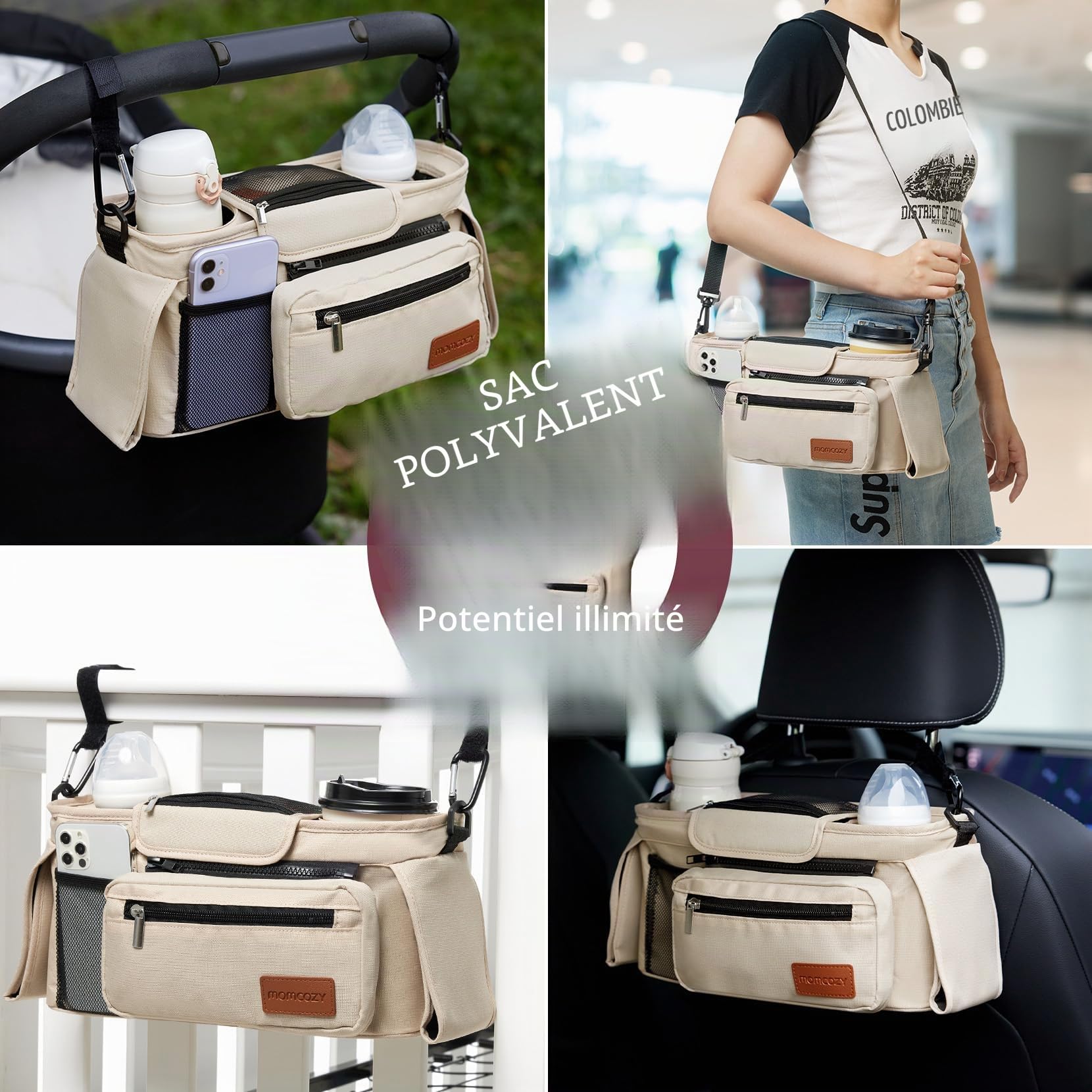 Organisateur de poussette universel avec porte-gobelet isolé, Momcozy Sac pour poussette Accessoires pour bébé avec poche zippée, bandoulière et espace de rangement pour couches&téléphones portables