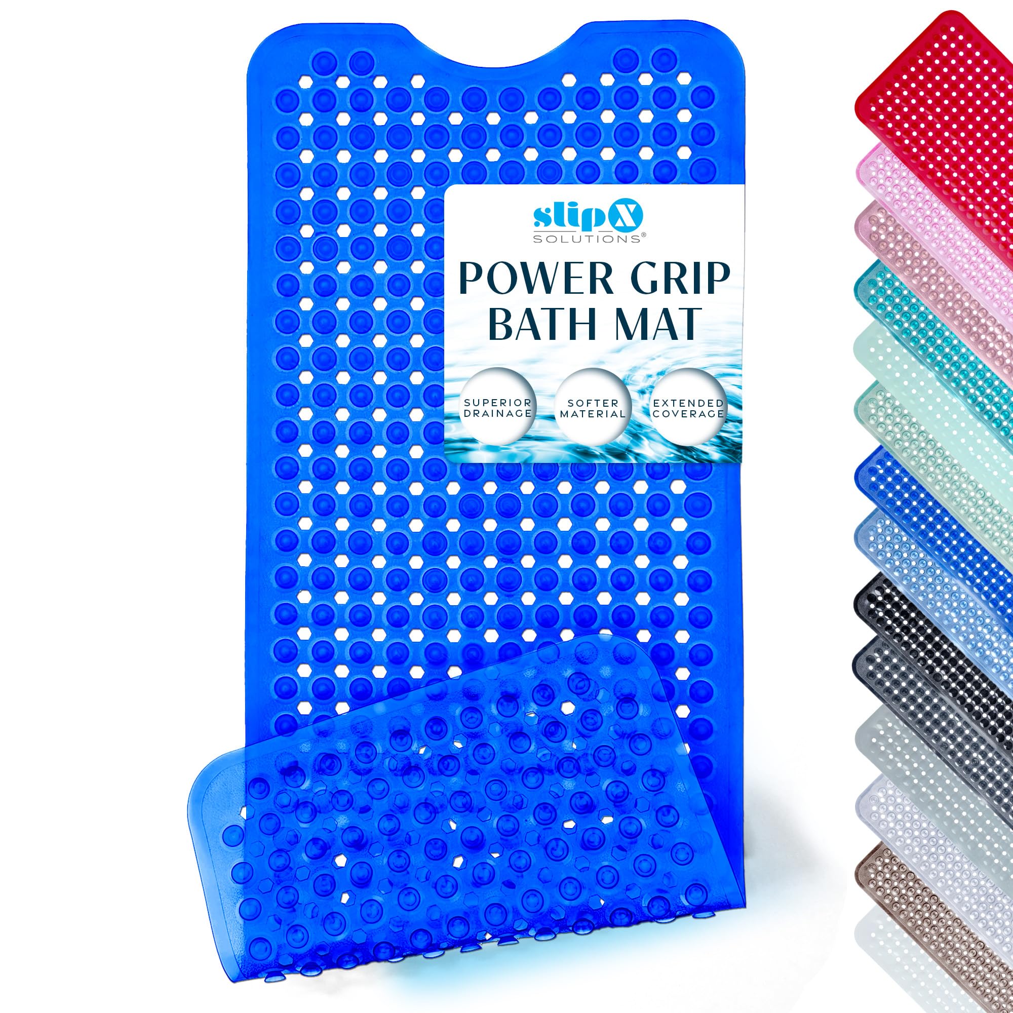 SlipX Solutions Power Grip Bathtub Safety Mat | Precision Grip Technology for Longer, Stronger, & Softer Wet Surface Protection | Clear Blue 39"x16"