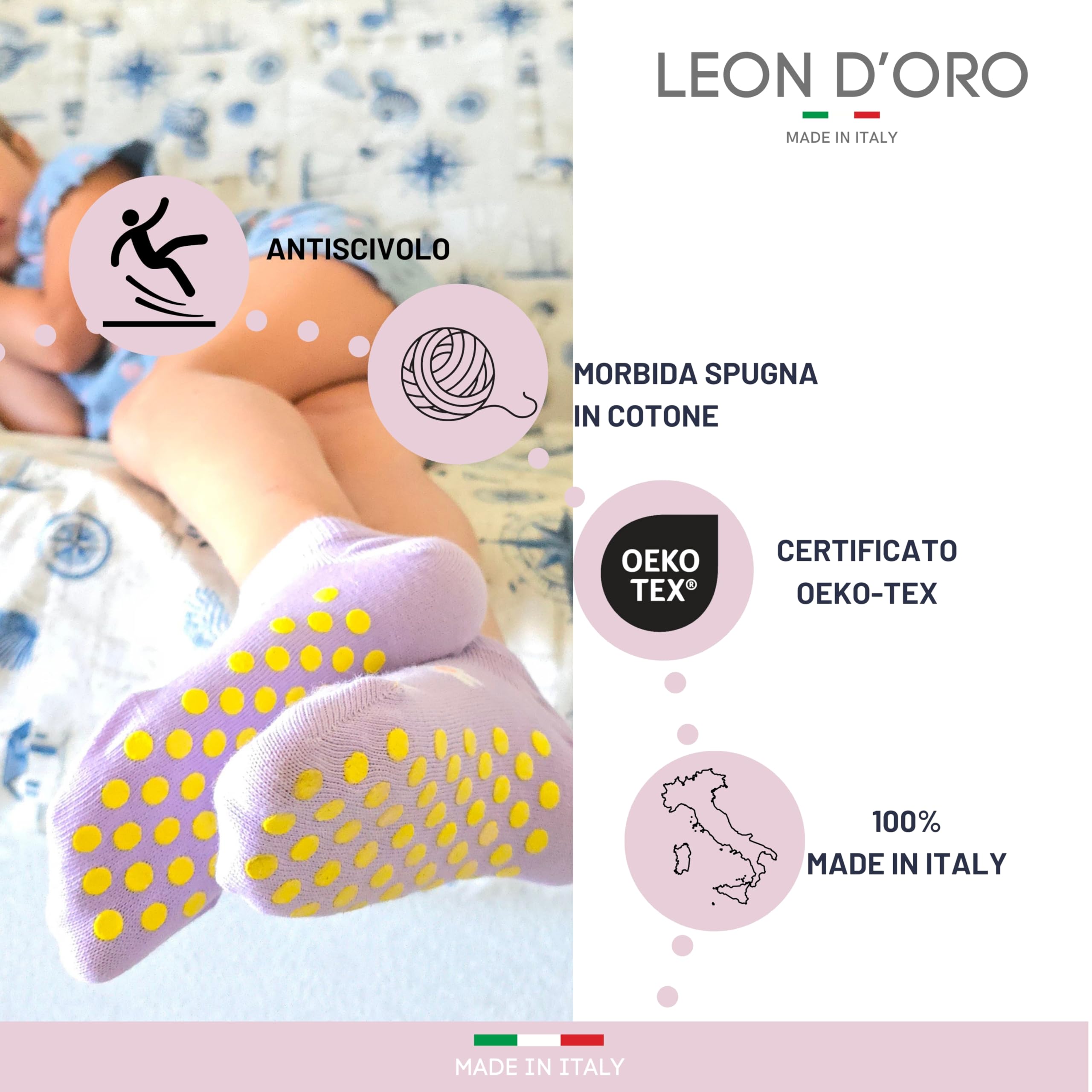 LEON D'ORO Calcetines de niña antideslizantes de algodón para niña, ABS, escuela, casa, hinchables, fabricados en Italia