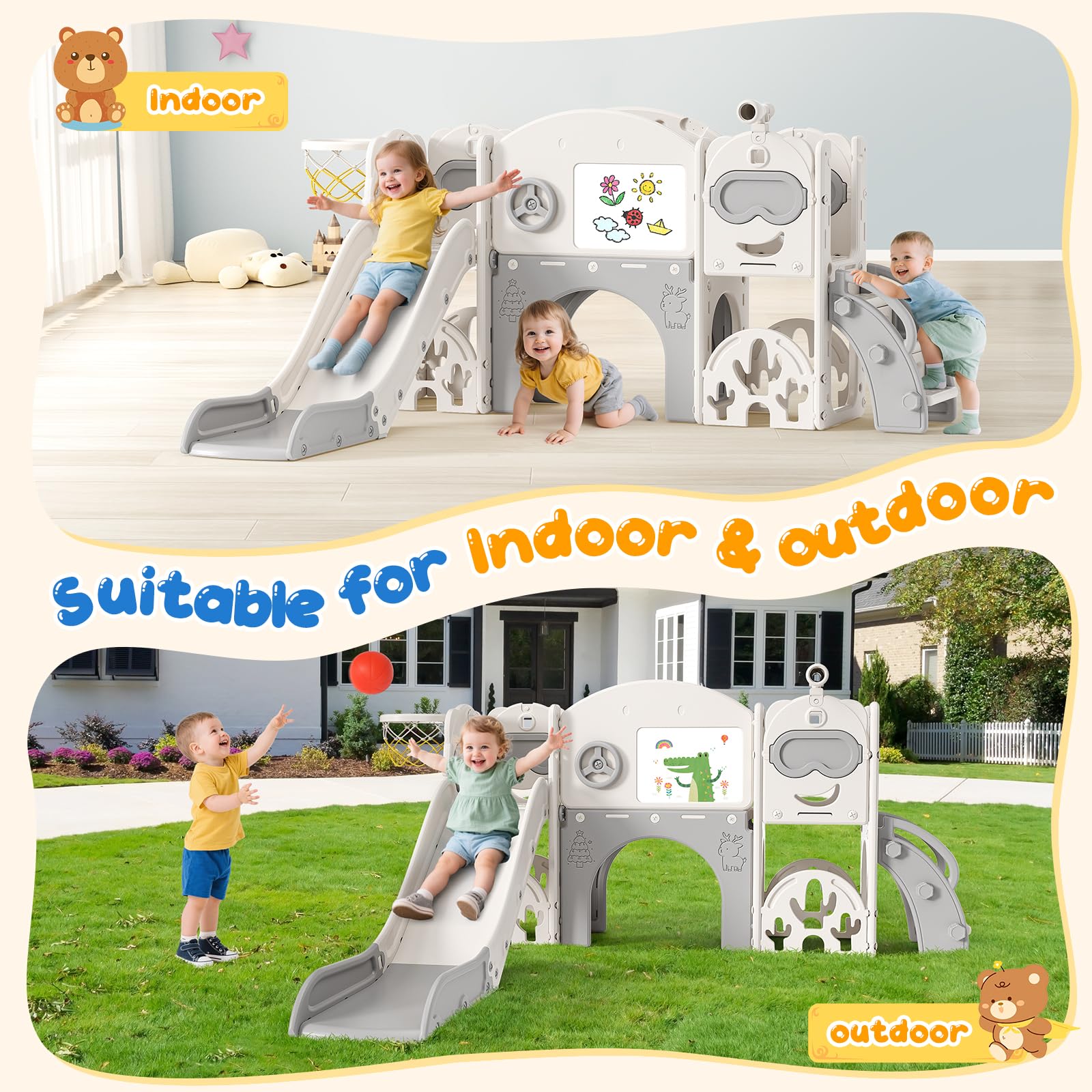 Scivolo per bambini con cerchio da pallacanestro, scivolo da giardino per bambini, parco giochi al coperto ed esterno, kit da gioco per arrampicata indipendente con scivolo per bambini (beige grigio