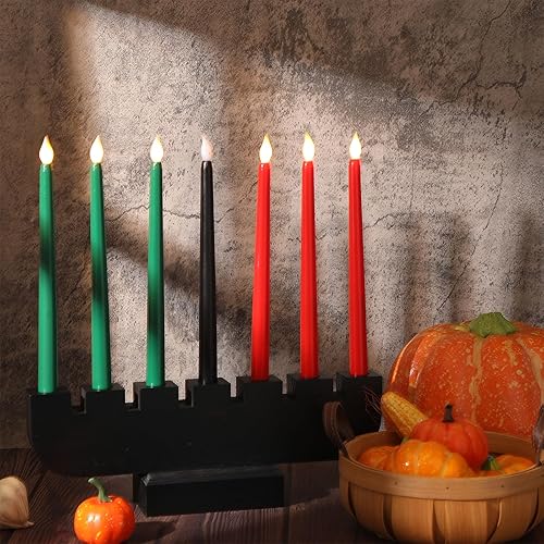 Miniatura 4 de Baquler Kwanzaa Kinara negro y 7 velas Kwanzaa sin llama, portavelas Kwanzaa de madera, 3 rojas, 3 verdes, 1 negro, funciona con pilas, velas LED