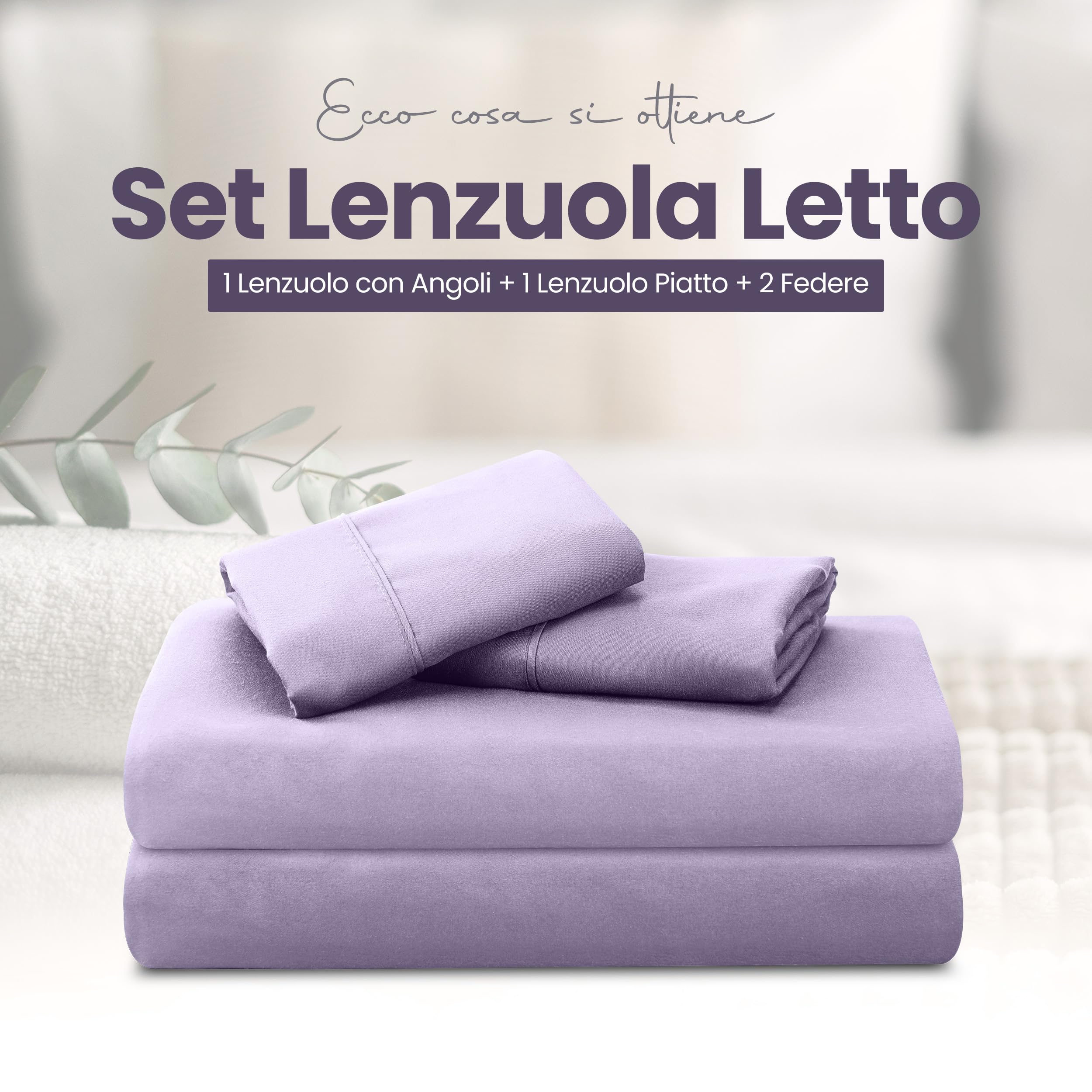 Utopia Bedding - Set Lenzuola Letto Una Piazza e Mezza 4 Pezzi 135x190 cm - Spazzolata Poliestre di Microfibra - Oeko-Tex Certificato - Lenzuolo con Angoli, Lenzuolo Piatto e 2 Federe 50x75, Lavanda
