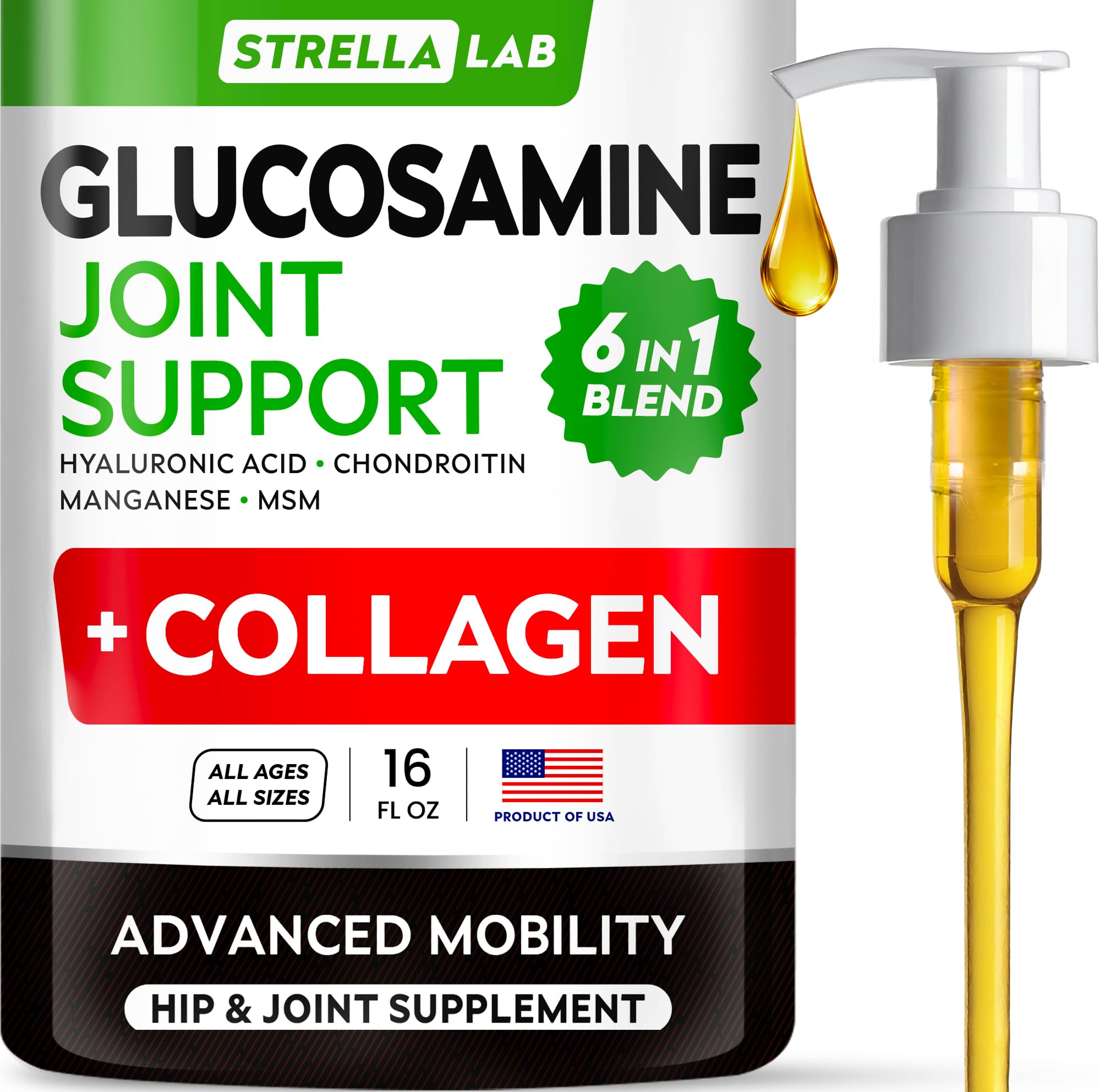 STRELLALAB Liquid Glucosamine for Dogs w/Collagen (16 OZ) - All-Natural Hip & Joint Supplement, Glucosamine Chondroitin for Dogs, MSM & Collagen for Dogs Mobility, Joint Pain Relief for Small & Large