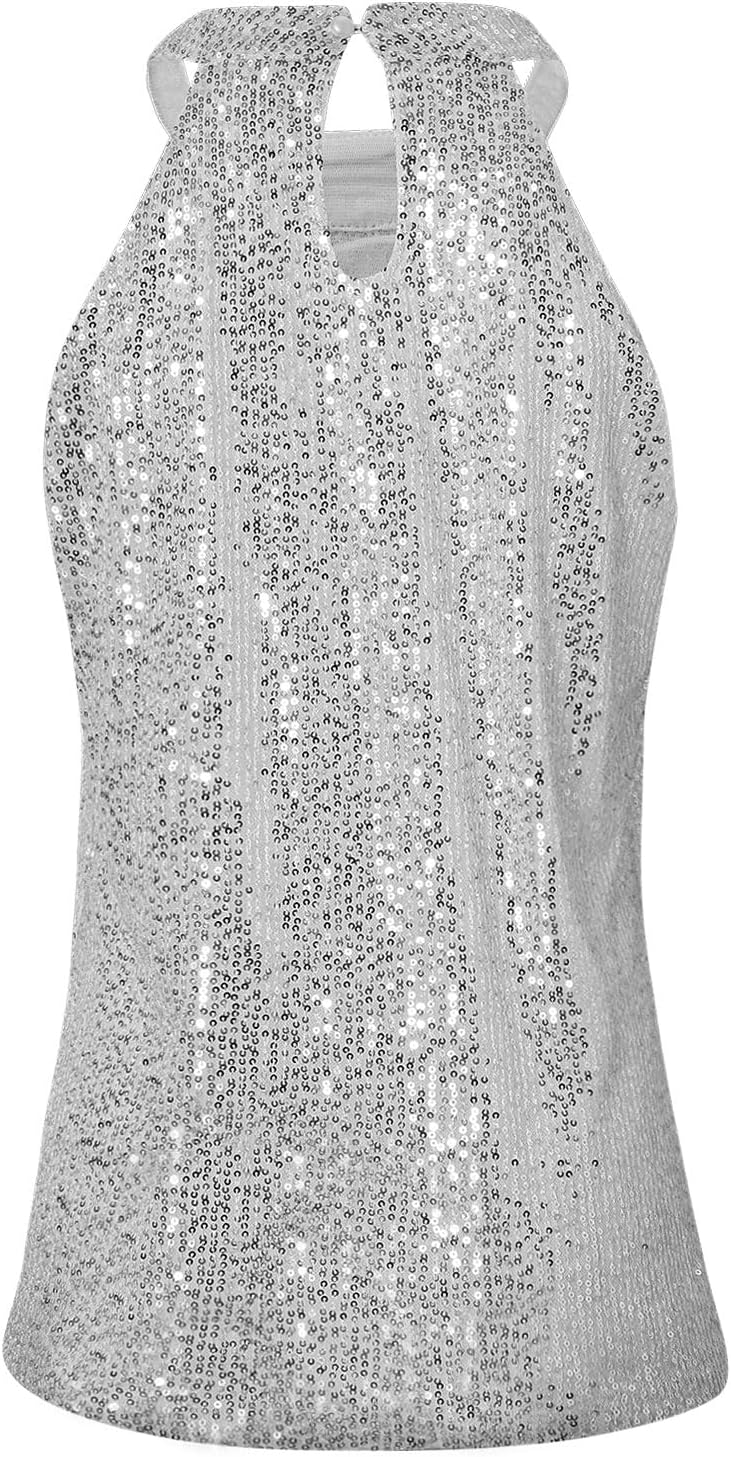 Sparkly Sequin Tops for Women Halter Tank Top Shiny Glitter Club Disco Rock Concert Outfit Sleeveless Dressy Shirt Blouse - Image 3