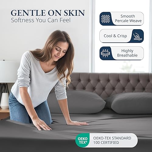 Miniatura 3 de LANE LINEN - Sábana bajera tamaño matrimonial 100% algodón orgánico y 2 fundas de almohada, tejido de percal transpirable, apta para colchones de