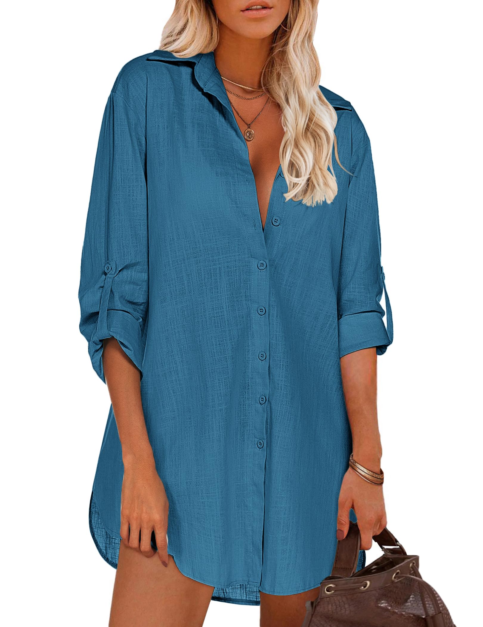 HOTOUCH Women Boyfriend Shirts Button Down Long Sleeve Blouse Cuffed Sleeve Collared Shirt