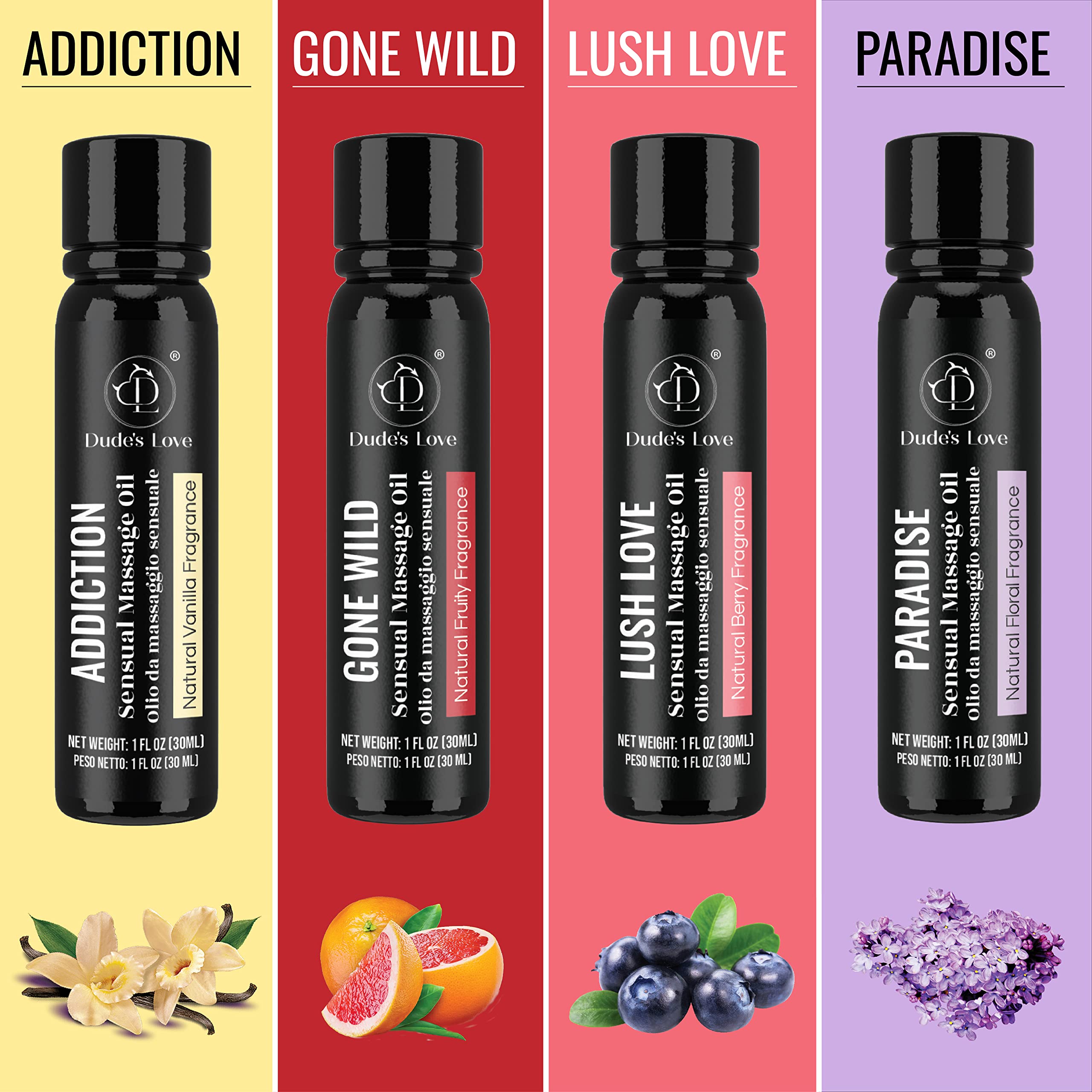Dude's Love - Paquete de 4 aceites de masaje sensual aromático comestible para todo el cuerpo - Set de regalo combinado | Pack de Prueba Aceite de Masaje con Aceites Esenciales - 120 ML