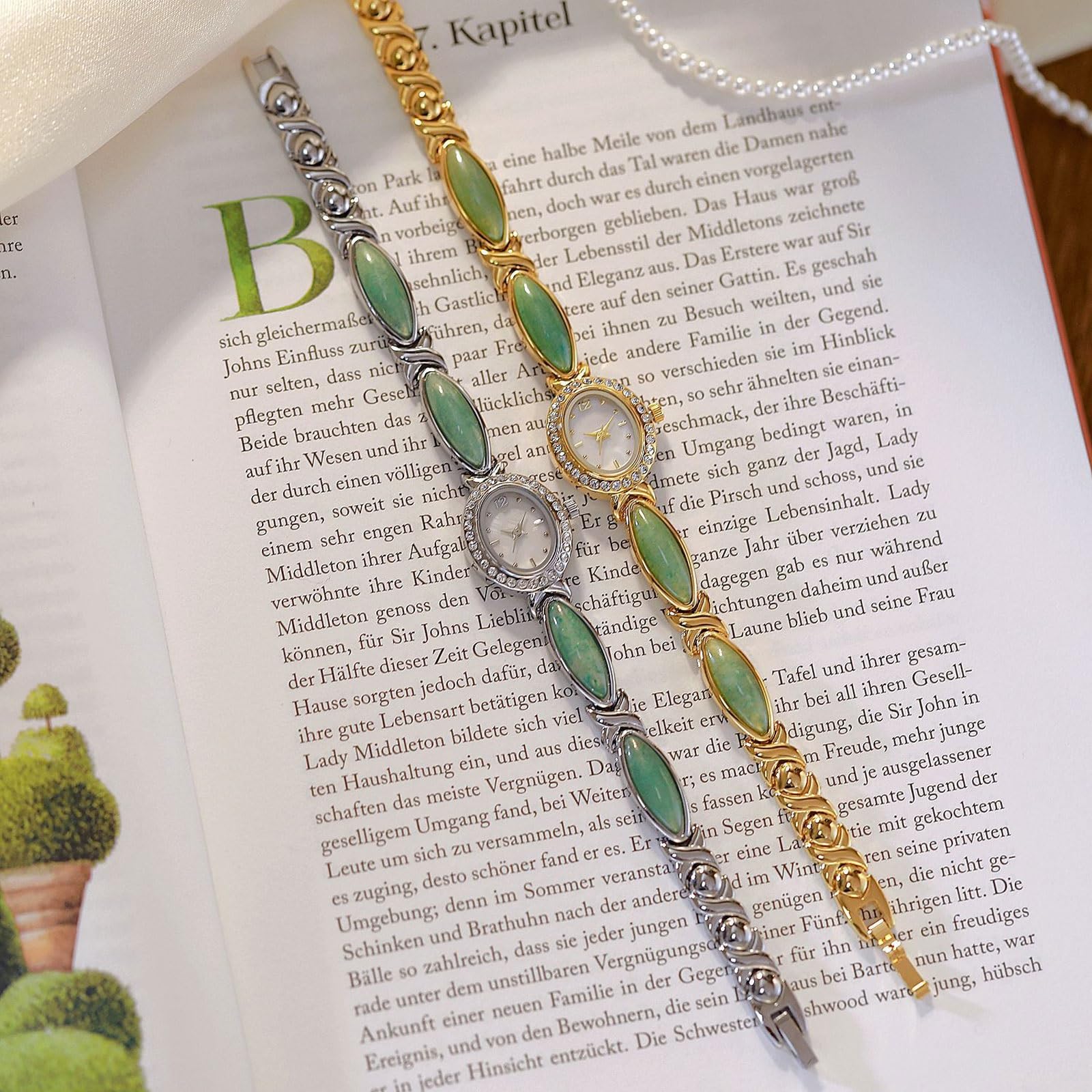 Confezione da 2 orologi al quarzo con quadrante ovale in avventurina naturale e nefrite, orologio con bracciale impermeabile, regalo alla moda for donna
